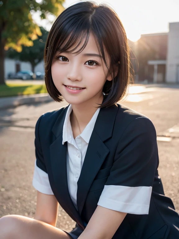 (highest quality,8K quality,masterpiece:1.3),(超A high resolution,Photorealistic:1.4,Raw photo),(Ultra-detailed,Caustics,Detailed Background),(Ultra-Realistic Capture,Beautiful and detailed skin,Perfect Anatomy),At sunset,Sunset sky,School building,Schoolyard,18-year-old,cute,double eyelid,Black short bob,School blazer uniform,Looking into the camera,Laughter,Bust up shot,Natural soft light、Sitting on the ground