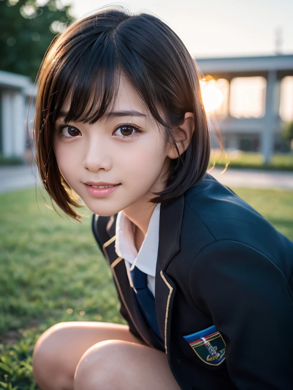 (highest quality,8K quality,masterpiece:1.3),(超A high resolution,Photorealistic:1.4,Raw photo),(Ultra-detailed,Caustics,Detailed Background),(Ultra-Realistic Capture,Beautiful and detailed skin,Perfect Anatomy),At sunset,Sunset sky,School building,Schoolyard,18-year-old,cute,double eyelid,Black short bob,School blazer uniform,Looking into the camera,Laughter,Bust up shot,Natural soft light、Sitting on the ground