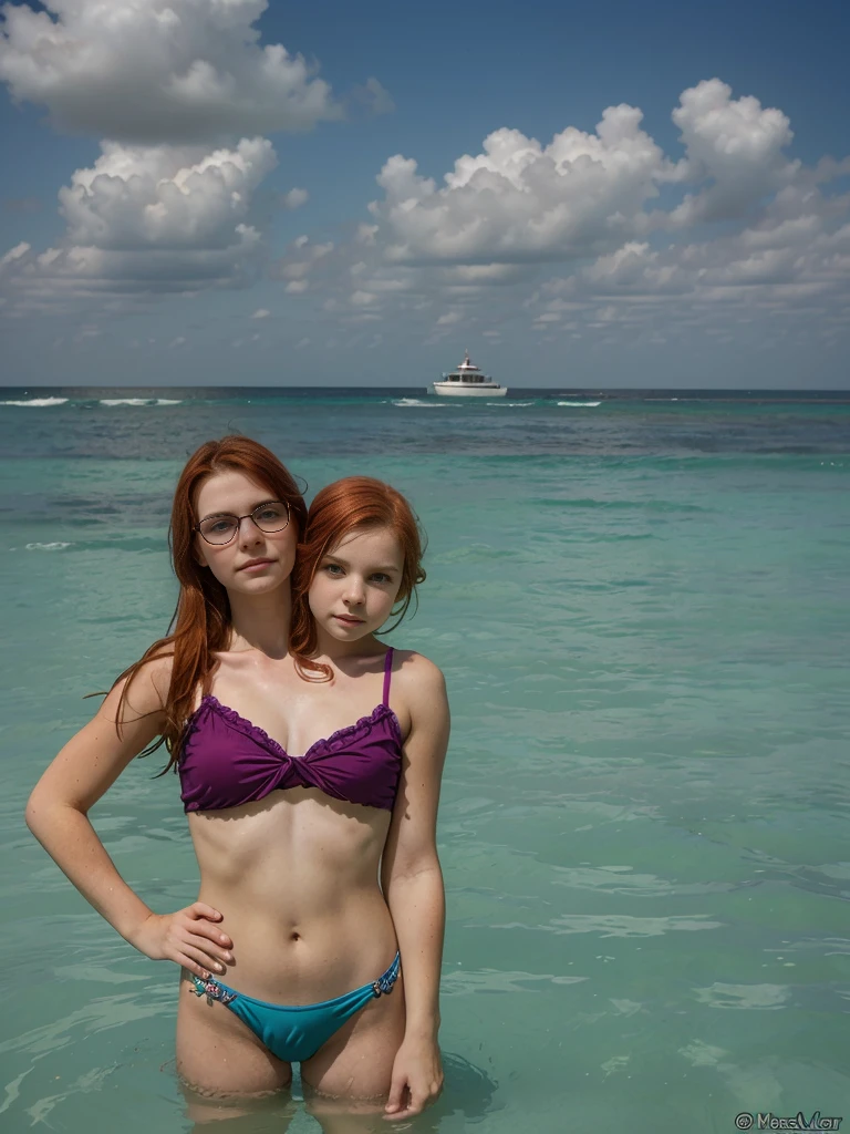 2heads, two headed girl, mom and daughter, (1head:1.5 child), (1head:1.5 young adult) (one torso:1.5), pale skin, Scottish redhead, teenager, white girls, different ages, (two heads on one body:1.4), (first head uncomfortable:1.5), (second head unhappy:1.5) conjoined twins, heads side by side, one torso, young, realistic faces, lifelike faces, uncomfortable, barefoot