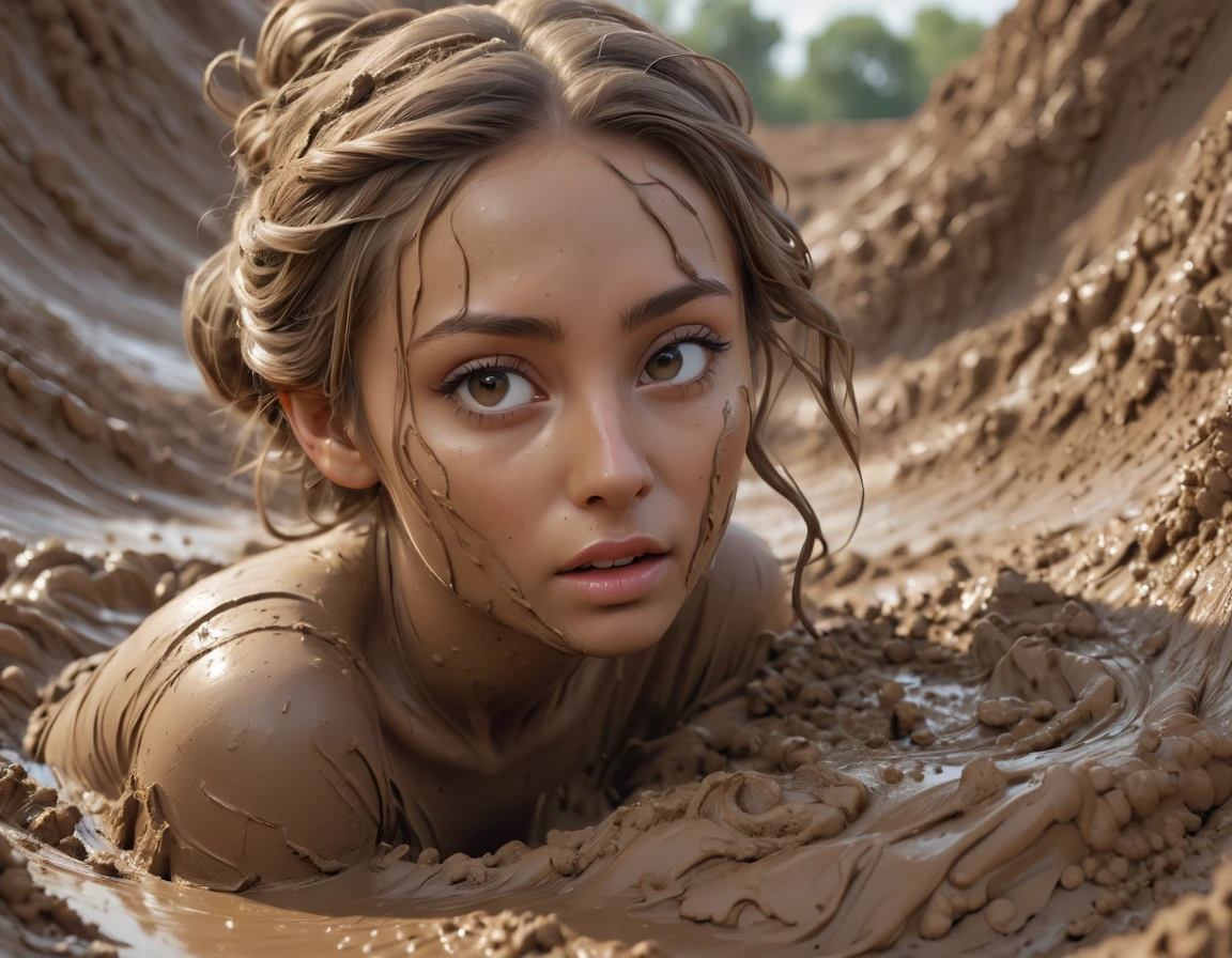 (feminine facial features:1.1), intricate, detailed, (beautiful young woman:1.2), (woman stuck in muddy clay:1.1), flowing muddy clay, swirling clay, masterpiece, 8k, hyper detailed, (realistic, photorealistic:1.37), cinematic lighting, dramatic lighting, dramatic atmosphere, oil painting, surreal, ethereal, fantasy