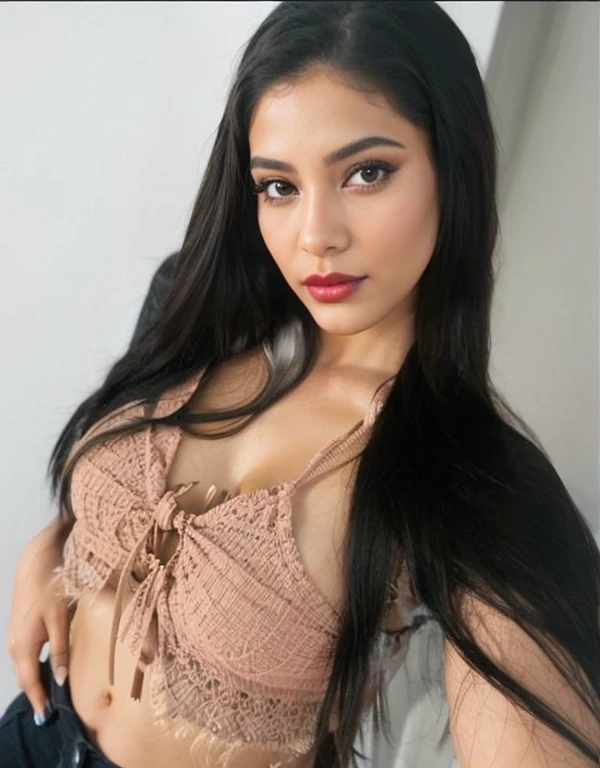 Create 4 images from this photo., I need the model to be as real and beautiful as possible., ella tiene la belleza de una colombiana muy sexy, dd cup breasts, red lipstick and blue eyeshadow