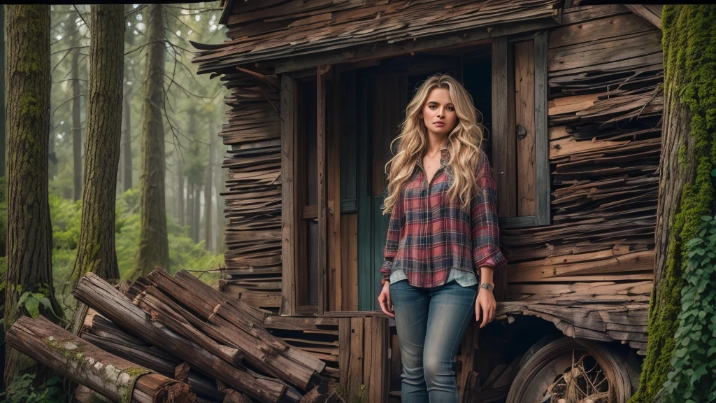 cabin in the woods, front porch, wood pile, rusty truck on cinderblocks, woodburning stove, dense trees, dark woods, large oak trees, moss, (Beautiful woman, plaid long-sleeved flannel shirt, long wavy blonde hair, detailed hands, detailed eyes), 