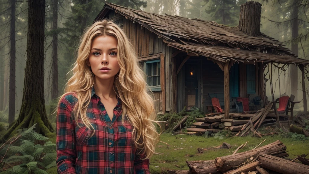 cabin in the woods, front porch, wood pile, rusty truck on cinderblocks, woodburning stove, dense trees, dark woods, large oak trees, moss, (Beautiful woman, plaid long-sleeved flannel shirt, long wavy blonde hair, detailed hands, detailed eyes), 