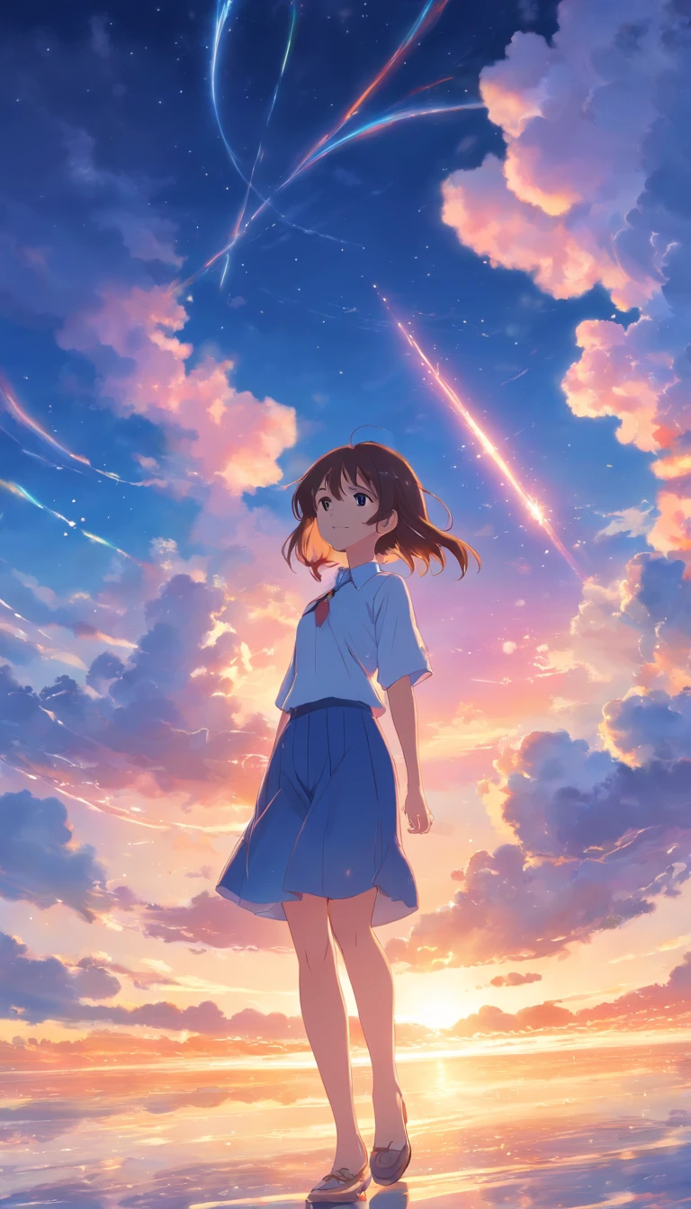 tmasterpiece!Best Picture Quality!cinematic Film still from!Cloud girl floating in the sky,Close-up Shot Shot,Bright and happy,Enjoy the warm soft lighting,Depict the beauty of the sunset,And the embellishment of sparks。
