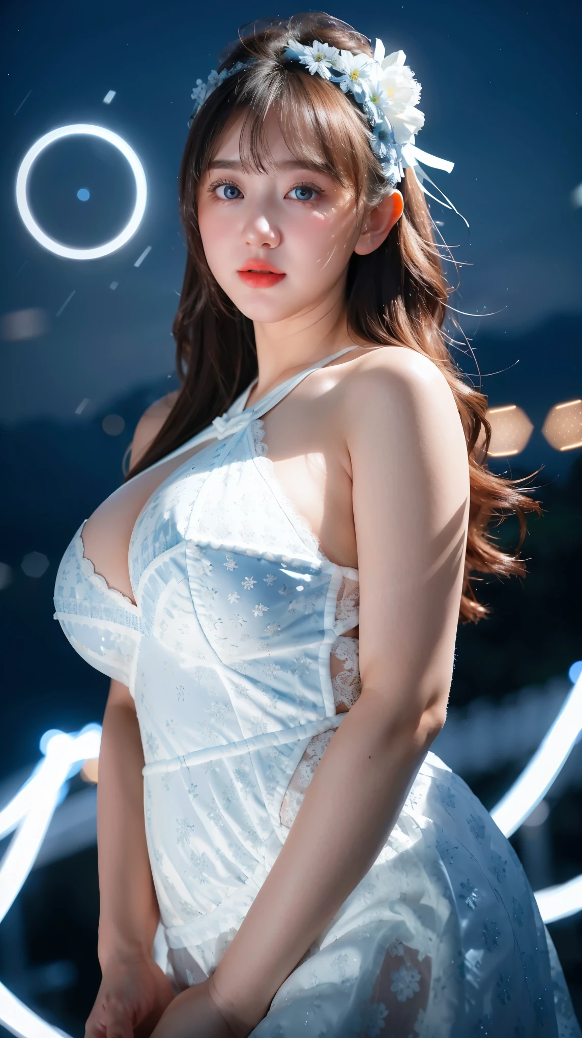 Adorable , Gorgeous , Beautiful , Russian  , (Large Colossal Breasts) , 30 Years Old , White Skin , One Shoulder Lace Dress , Top of The Mountain Background , Wind , ((Bokeh:1.1)) , Blue Eye , ((White Coloured)) , ((Night:1.3)) , Standing Pose , HDR , Ultra Detailed , EF 24-70mm f/2.8L II USM