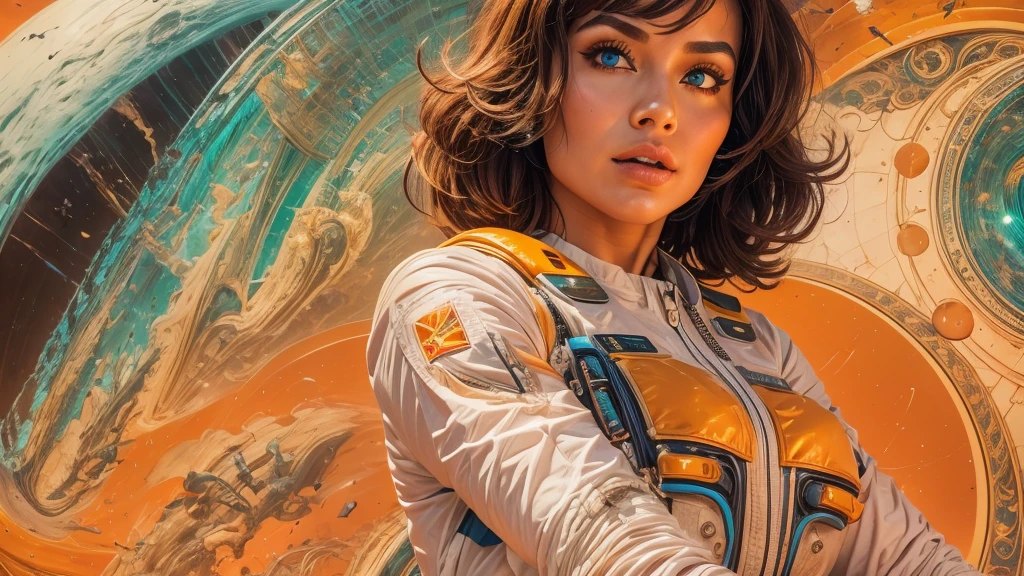 arafed image of a white woman in a futuristic suit with a spaceship in the background, movie art, in front of an orange background, inspired by Robert McGinnis, female protagonist, megastructure in the background, portrait of an ai astronaut, astronauts, an astronaut, portrait of a astronaut skeletor, perfect android girl, detailed eyes, perfectly detailed teeth, frank franzzeta and sakimichan