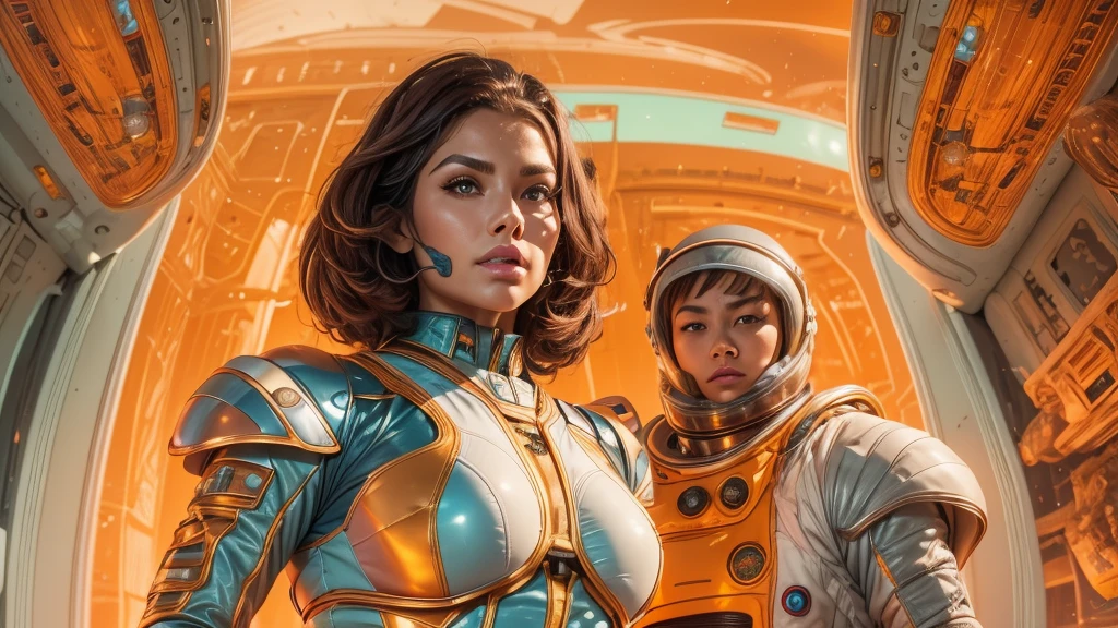 arafed image of a white woman in a futuristic suit with a spaceship in the background, movie art, in front of an orange background, inspired by Robert McGinnis, female protagonist, megastructure in the background, portrait of an ai astronaut, astronauts, an astronaut, portrait of a astronaut skeletor, perfect android girl, detailed eyes, perfectly detailed teeth, frank franzzeta and sakimichan  