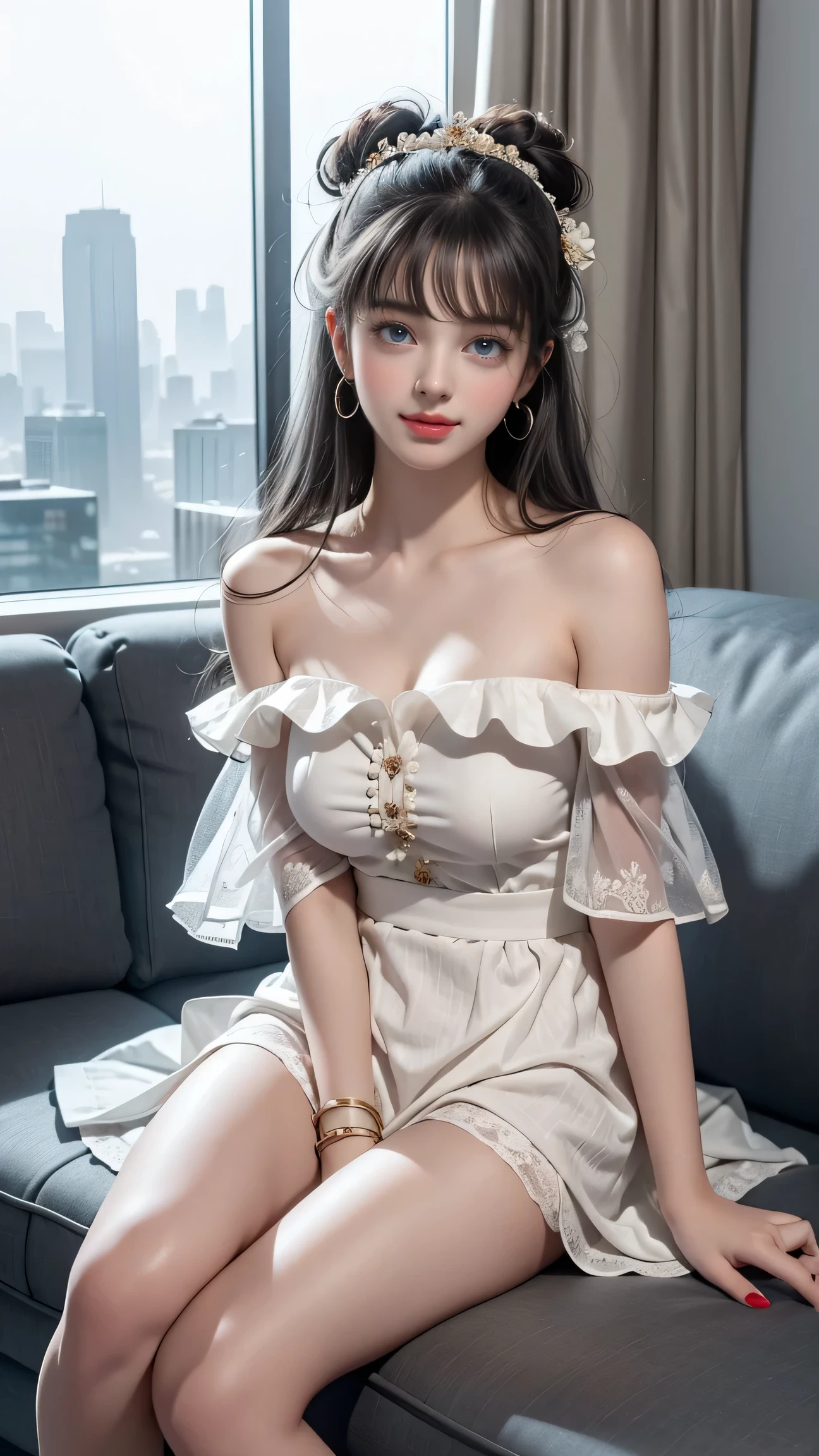 (Girl sitting on sofa bed)、Beauty、 One Girl、alone、Long Hair、Viewer、smile、blue eyes、hair ornaments、、gem、Gray Hair、Shut your mouth、Blunt bangs、Manicure、bracelet、lips、Grey Eyes、Portraiture、Red nails、close、Red lips、Put your hands on your face、Place your hand on your cheek、()、(Shiny skin)、((Skyscrapers are hazy outside the window))、(Off-shoulder white dress with floral pattern),),((Girl with her legs slightly apart)),(Leg spread),((White are visible)),(Lift-up skirt)、
