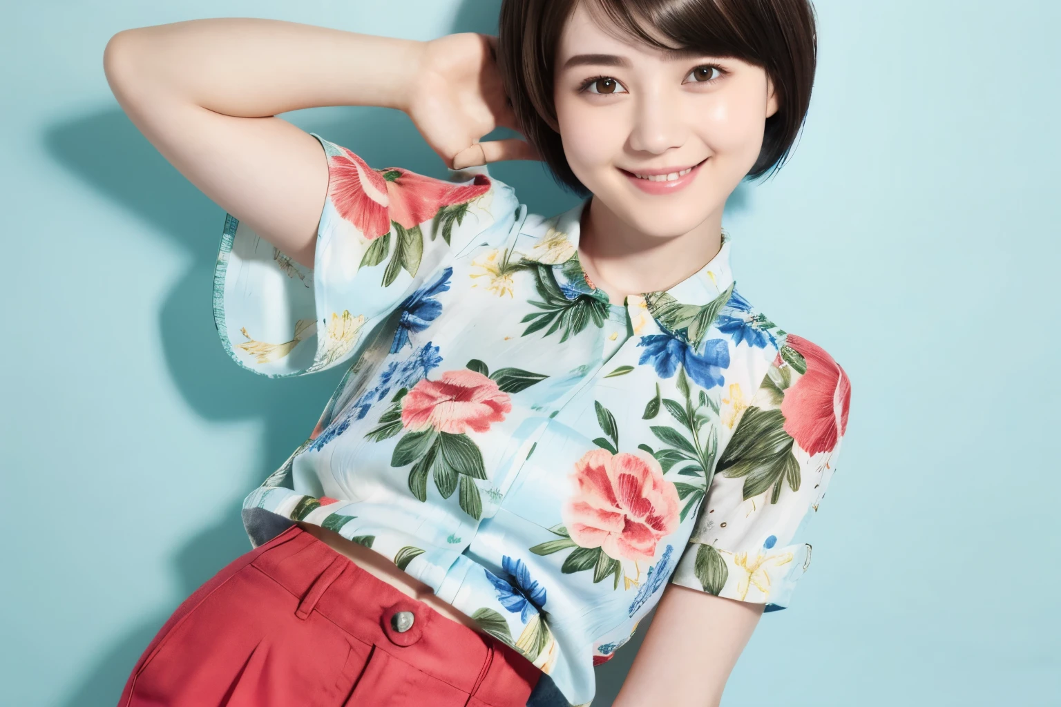 230 (18-year-old female,Floral clothes),  ((short hair:1.46)),  (Pants Style), (A kind smile)