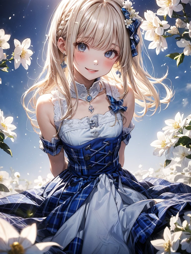 (​masterpiece),(top-quality:1.2),((perfect anatomy)),((arms behind back)),(1 girl),(flat chest),Highest quality,(royal blue colored white plaid long skirt:1.3),(thin white knit clothes),(side tailed blonde hair),beautiful smile,promenade is full of white flowers,desperate visual impact,It's like embracing the sky,film lighting,depth of written boundary