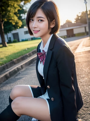 (highest quality,8K quality,masterpiece:1.3),(超A high resolution,Photorealistic:1.4,Raw photo),(Ultra-detailed,Caustics,Detailed Background),(Ultra-Realistic Capture,Beautiful and detailed skin,Perfect Anatomy),At sunset,Sunset sky,School building,Schoolyard,18-year-old,cute,double eyelid,Short black hair,School blazer uniform,profile,Laughter,Bust up shot,Natural soft light、Sitting on the ground、Thin thighs、Knee-high socks、Cleavage