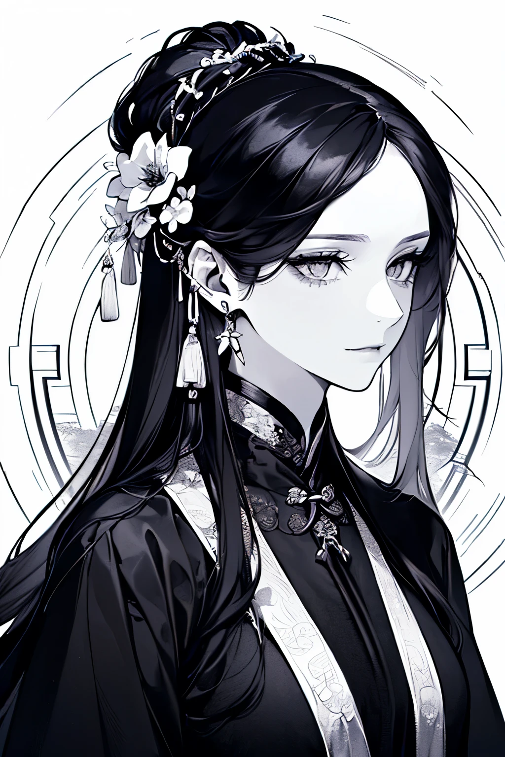 (Middle-aged adult woman:1.45)、(masterpiece、highest quality、highest quality、Beautiful and beautiful:1.2)、(Good anatomy:1.5)、(Long wavy hair:1.5)、(black hair:1.4)、(Rich nature background:1.2)、(Hanfu costume:1.35)、Large earrings、((black and white costume:1.1))、(Dark Eyes:1.3)、((Elegant and luxurious atmosphere:1.2))、A gentle smile、Close-up of face、((Monochrome World:1.25))