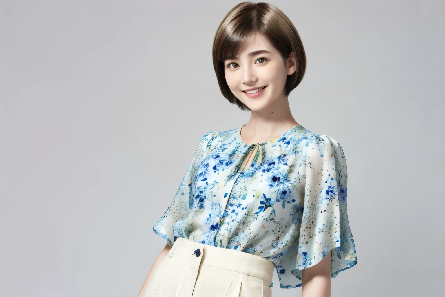 230 (18-year-old female,Floral clothes), ((short hair:1.46)), (Pants Style), (A kind smile)