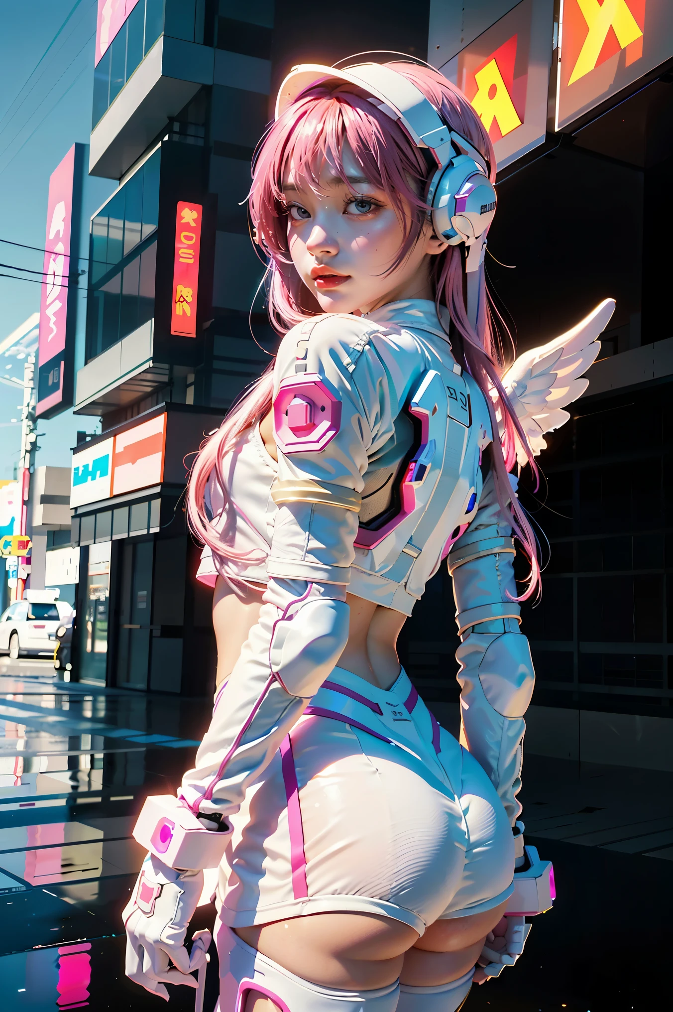 ((masterpiece, best quality, extremely detailed), volumetric lighting, ambient occlusion, colorful, glowing),
1girl, solo, young girl, (pink hair), long hair, halo, aura, sacred, godness, cyber suit, (white outfit:1.3), android, bot, angel wings,
outdoors, sunset, sky, clouds, space, (cyberpunk theme:1.2),