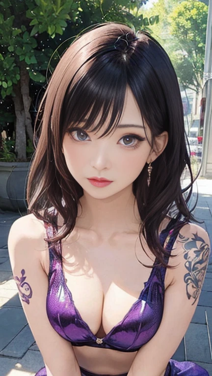 Anime-style woman, thin, thin, whole body, Full of tattoos, Lots of earrings, Beautiful and shiny hair, Rainbow Eyes, Slanted Eyes, Wavy Hair, Kind and charming, Expose your shoulders, Delicate and sexy collarbone, Attractive oval face, double eyelid, Pink Lips, Small Nose, Concentrated face, Ultra-high resolution, Very detailed, Graceful posture, Nice, ultra-thin, Transparent metallic purple Isekata Inden pattern mini dress,It is transparent from the chest to the stomach., Glowing Skin, Realistic Background, sunlight,Hair blowing in the wind