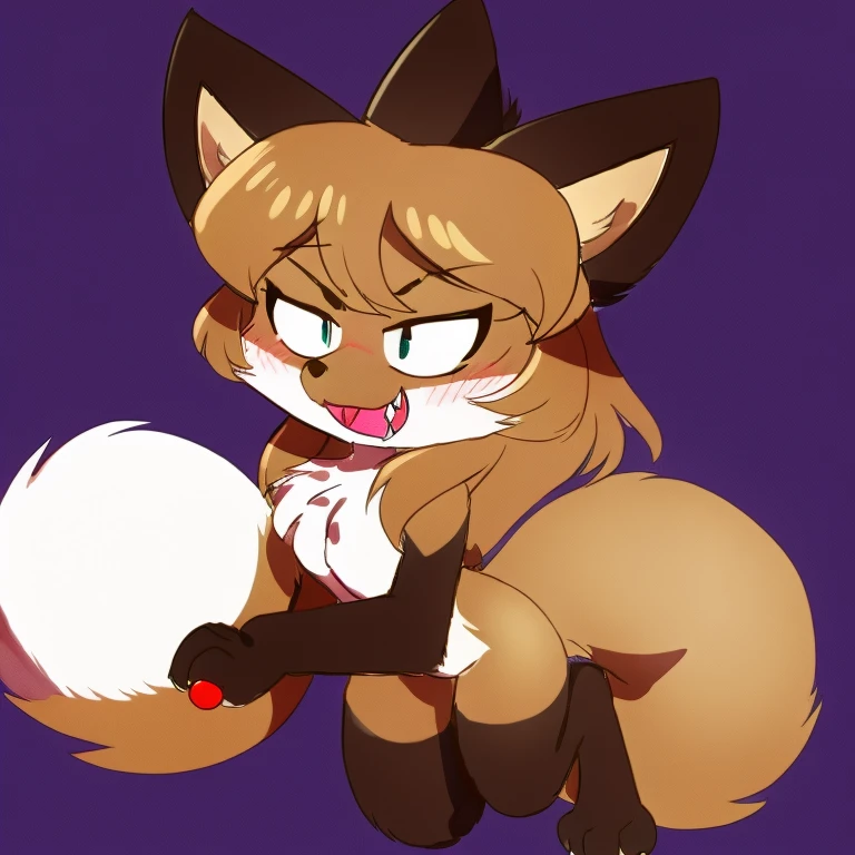 Nervous smiling, uploaded the e621, simple background, beautiful and detailed, woman (((female))) ((anthro)) Fox, (Averi, Fox girl), cinematic lighting, Fox, (anthro, fluffy fur, character focus:1.1), 1girl, anthro fox girl, body fur, curvy, sexy, nice, cute, hot, sassy, sassy hips, smug, fangs, mischievous, smiling, blushing, looking excited, wagging tail, comfortable anime-style cartoon-style, digital drawing, fully closed eyes, closed eyes, SFW, flat chest, jumping, in mid air, falling, chomp, biting a chicken, chicken, scared chicken, scared sweat marks, exclamation mark, speech bubble, hunting, fox hunting chicken, cute chomp, mischievous face, pounce, fox pounce