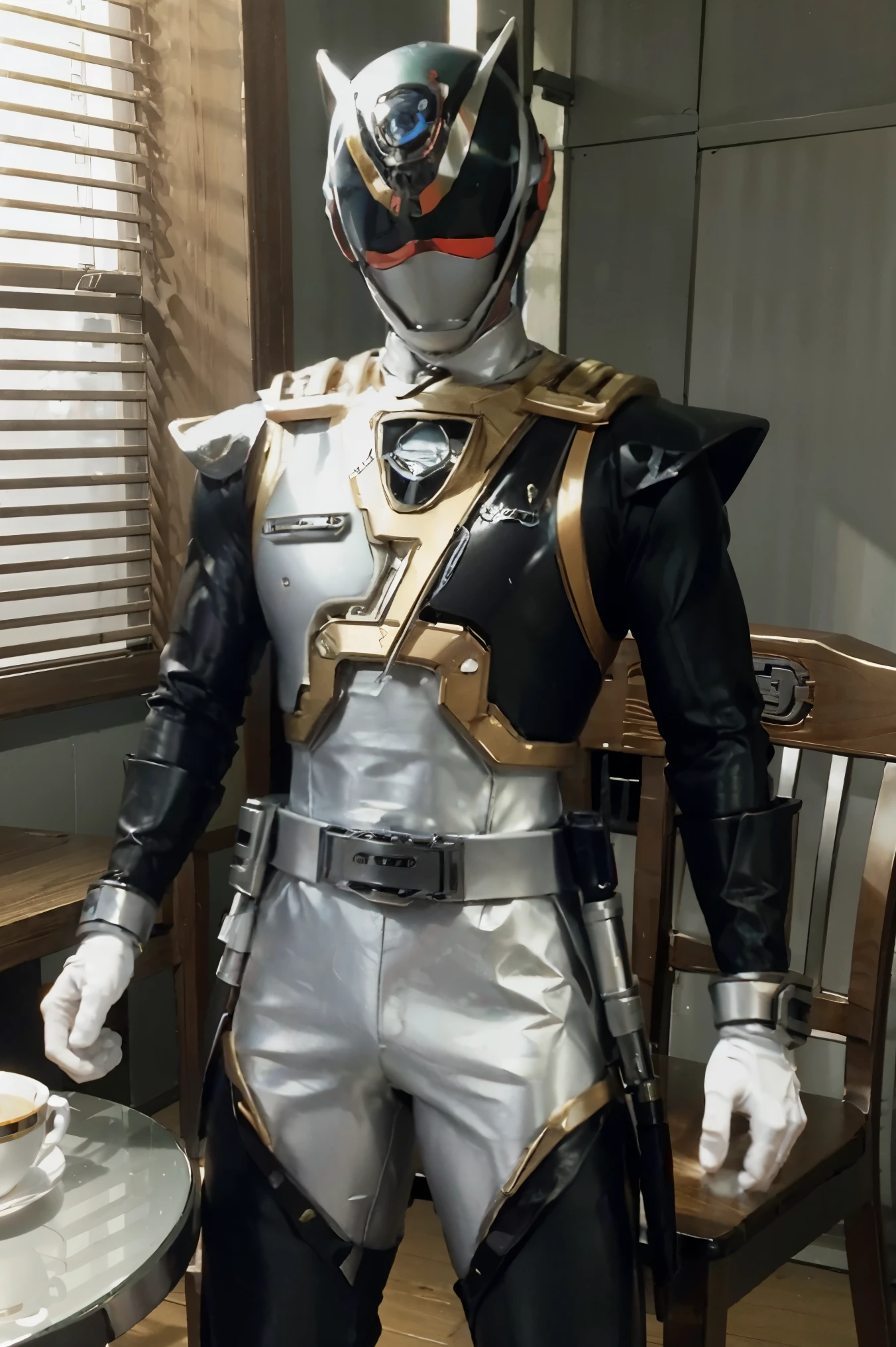 Fantasy background, cafe rpg style, empty chair, table, set of tea glass, (power rangers)), One guy、gold shadow gray costume, Solo, ((fit figure)), (Anatomically correct), Cowboy shot, masked face, guns, muscular build