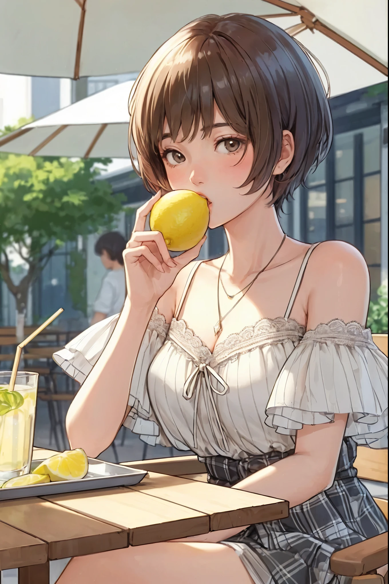 1lady solo, sitting at terrace seat, (holding lemon in one hand), (taking a bite), stylish outfit (refreshing attire), mature female, /(light brown short hair/) bangs, blush, (light smile:0.6), (moist eyes), (open mouth), (masterpiece best quality:1.2) delicate illustration ultra-detailed, large breasts BREAK (fresh lemon:1.1) BREAK (fashionable cafe terrace) outdoors, parasol, sunlight, noon, detailed background