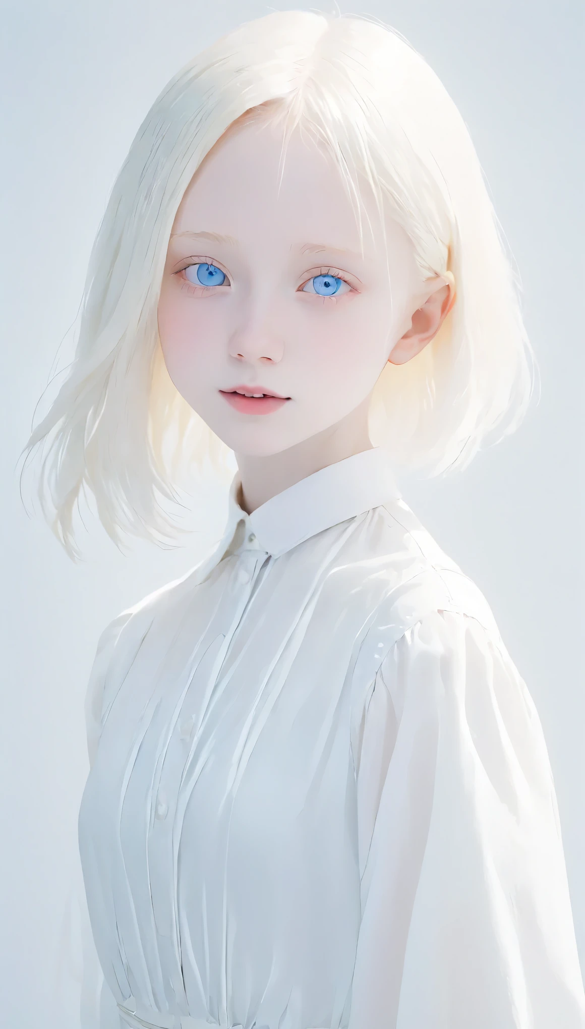 (((White Background:1.3)))、(((1 albino girl、Cute Face、pretty girl))), ,(((The eyes are white:1.3)))、White Dress、((White shirt:1.3、White Block Dress)), Tyndall effect, Realistic, Shadow Studio,ultramarine、illumination, Dual tone illumination, (Skin with attention to detail: 1.2)、薄Dark illumination、Dark illumination、 photograph, High resolution, 4K, 8k, Background Blur,Beautiful fade out、White world、White Background