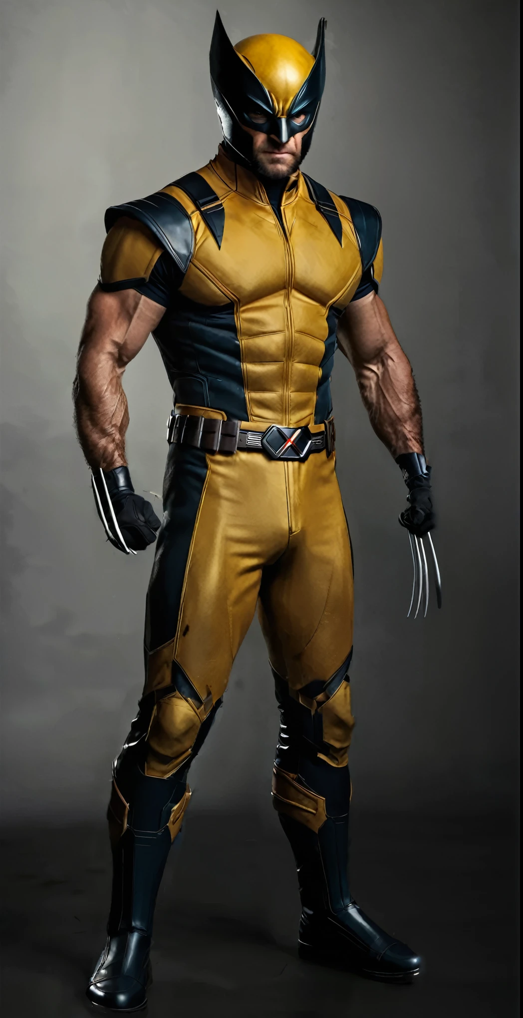 Wolverine from the X-Men in a retro-futuristic suit, with armored sci-fi inserts. many precise details. a man in a yellow and black suit stands, With your hands on your hips, yellow X-Man Suit, X-Man Suit, X-Force full body suit, X-Man Suit, new costume concept, cyclops, Taron Edgerton as Wolverine, Marvel concept art, concept armor, Karl Urban - Wolverine, full body concept, detailed full body concept