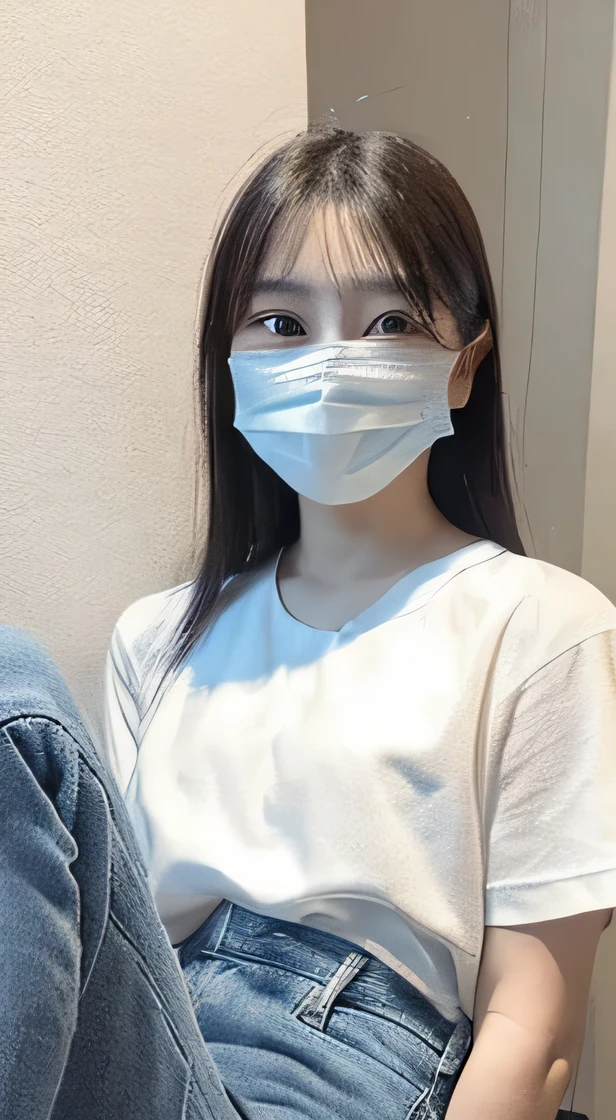 Wearing a white T-shirt、Wearing jeans、Wearing a mask、Sitting、My Room