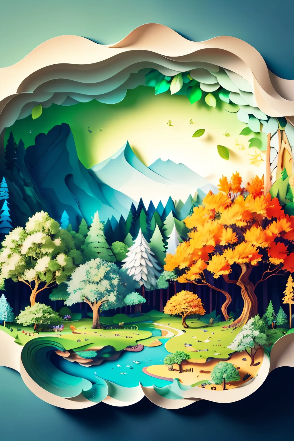 Create a 2000x3000 pixels, isometric landscape image comprising a harmonious blend of multiple ecosystems. Given that it will serve as a login page backdrop, ensure the artwork comes from the edges, allowing room for a central pop-up element.
Incorporate the following elements to create a vibrant and immersive scene:
1. Forest: Partially obscured by rich, green foliage, a mystical forest teems with grand, ancient trees reaching towards the sky. The leaves glow with highlights of #286fb5, creating a magical atmosphere.
2. Savannah: Moving towards the right corner, vast open plains
