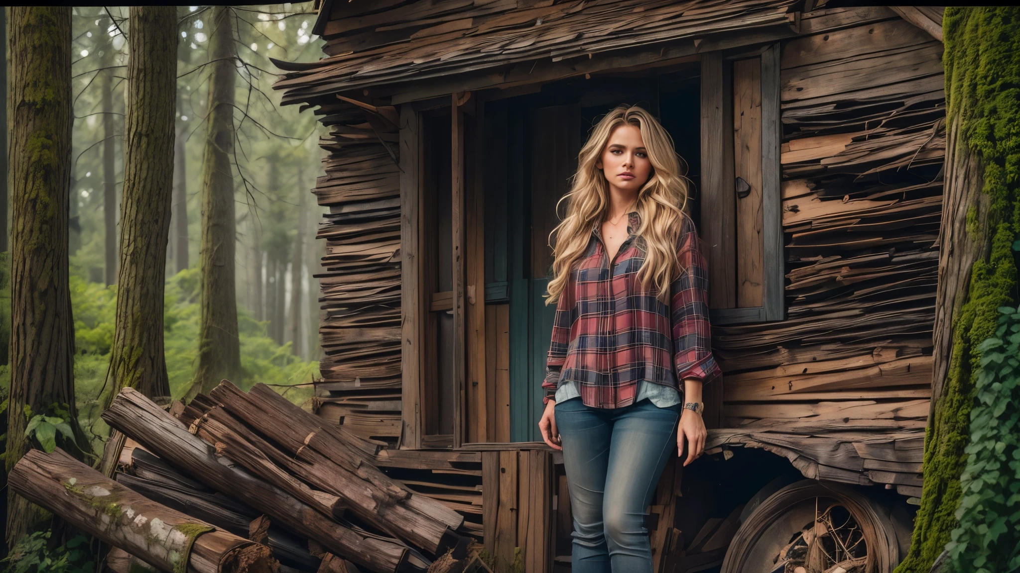 cabin in the woods, front porch, wood pile, rusty truck on cinderblocks, woodburning stove, dense trees, dark woods, large oak trees, moss, (Beautiful woman, plaid long-sleeved flannel shirt, long wavy blonde hair, detailed hands, detailed eyes),