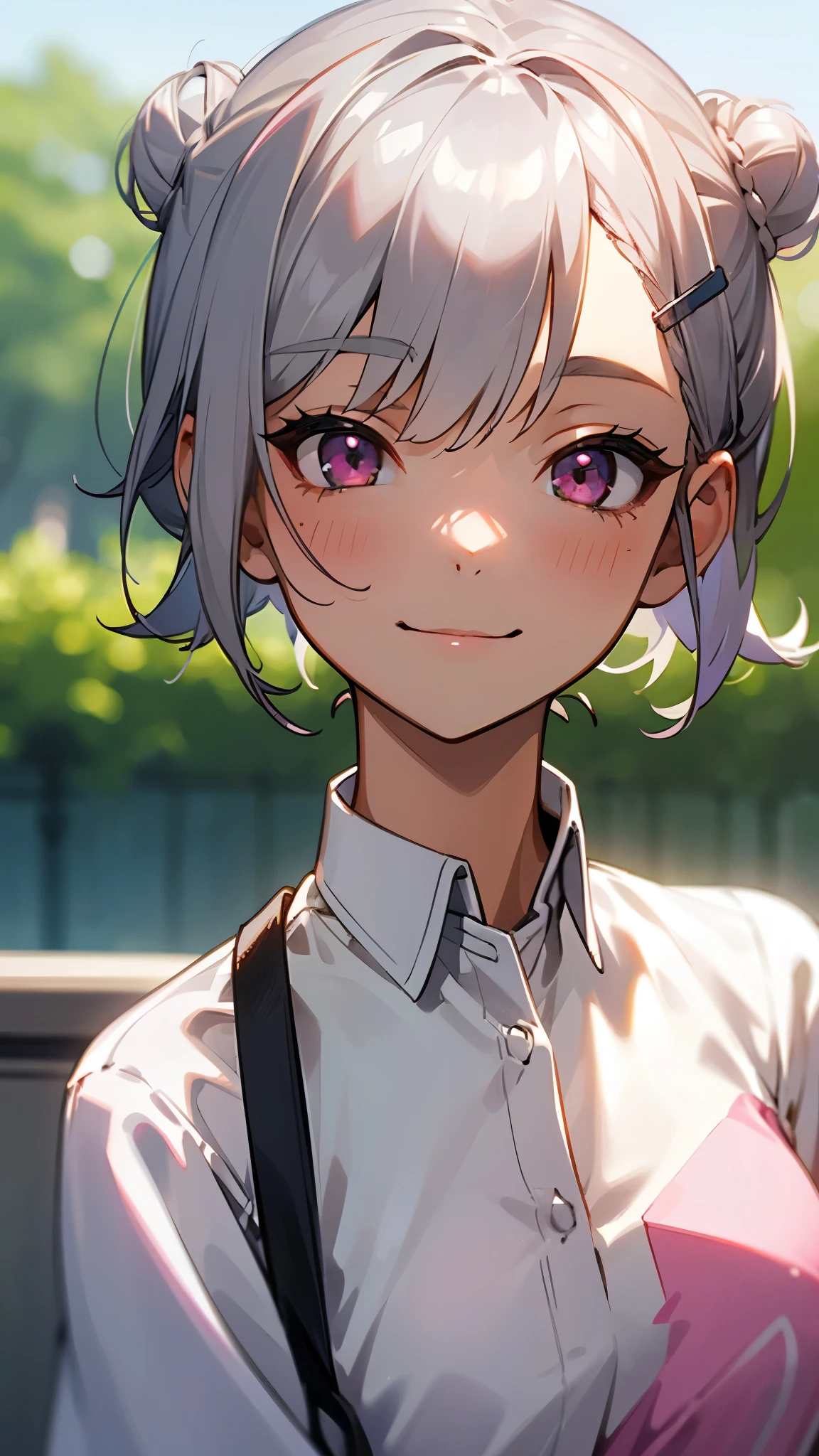 1girl、Short silver bob hair tied in a bun with a hair clip, Pink Eyes、smile、really like、Upper body close-up、Morning Cafe Terrace、Background blur, Written boundary depth