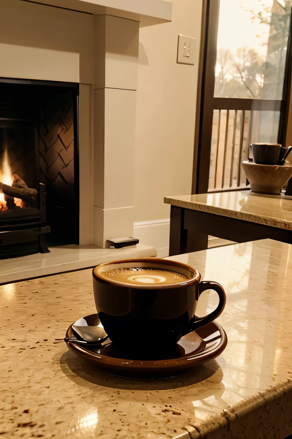 A simple cup of coffee placed on the edge of a worn countertop with a fireplace in the background 