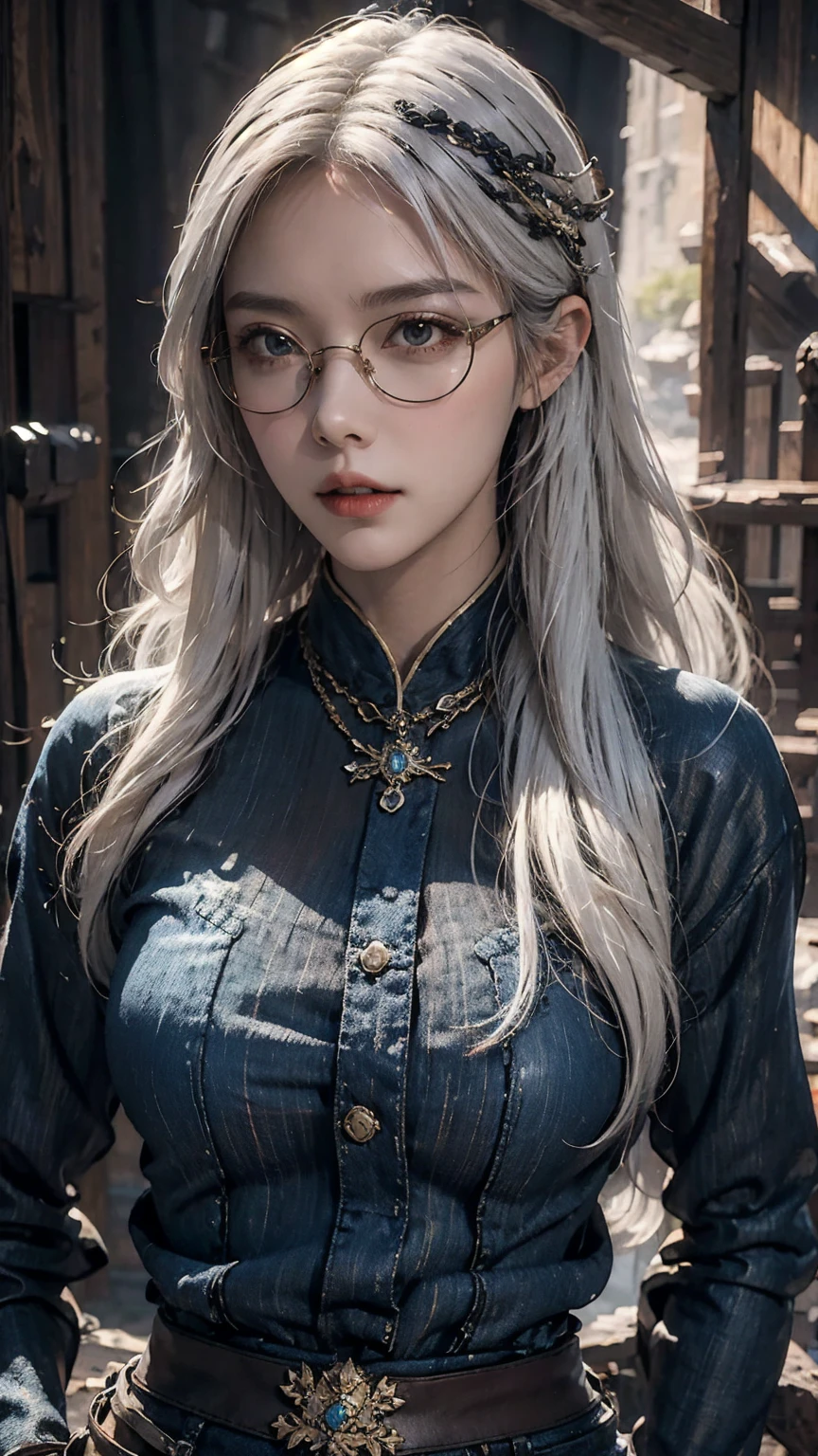 (in the darkness: 1.6),Surreal female portrait, Fantasy Art, Photorealism, Dynamic Lighting, Art Station, poster, Volumetric Lighting, Very detailed face, 4k, won,, 1 girl, in the darkness, Deep Shadows, Low profile, Denim lens set: 1.4), long hair, white hair, Broken into pieces, Luxurious Palace, Royal style, (wear glasses),(Hair accessories),