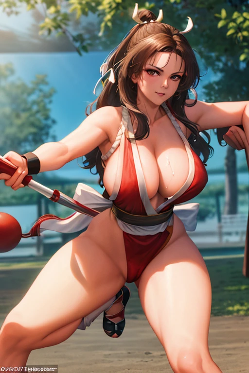 masterpiece, best quality, beautiful art, high resolution, well formed hands, body and fingers, 1 woman, solo, Lynda Carter, grown up , adult, hair ribbon,big breasted, cleavage, full body, long hair, hair ornament gorgeous legs and thighs, cosplaying as Mai Shiranui , she is fighting in a combat match at a martial arts tournament, she is getting ready to fight, making her guard pose, action and fighting scene, about to hit the viewer, looking at the viewer, sweating , feeling confident and proud, smiling joyfully and happily, charming her opponent with her beauty, bouncing breasts, fighting scene, martial arts tournament on the beach