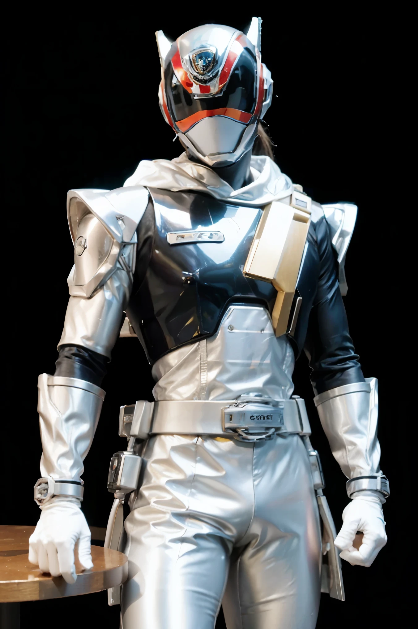 Fantasy background, cafe rpg style, empty chair, table, set of tea glass, (power rangers)), One guy、gold shadow gray costume, Solo, ((fit figure)), (Anatomically correct), Cowboy shot, masked face, guns, muscular build