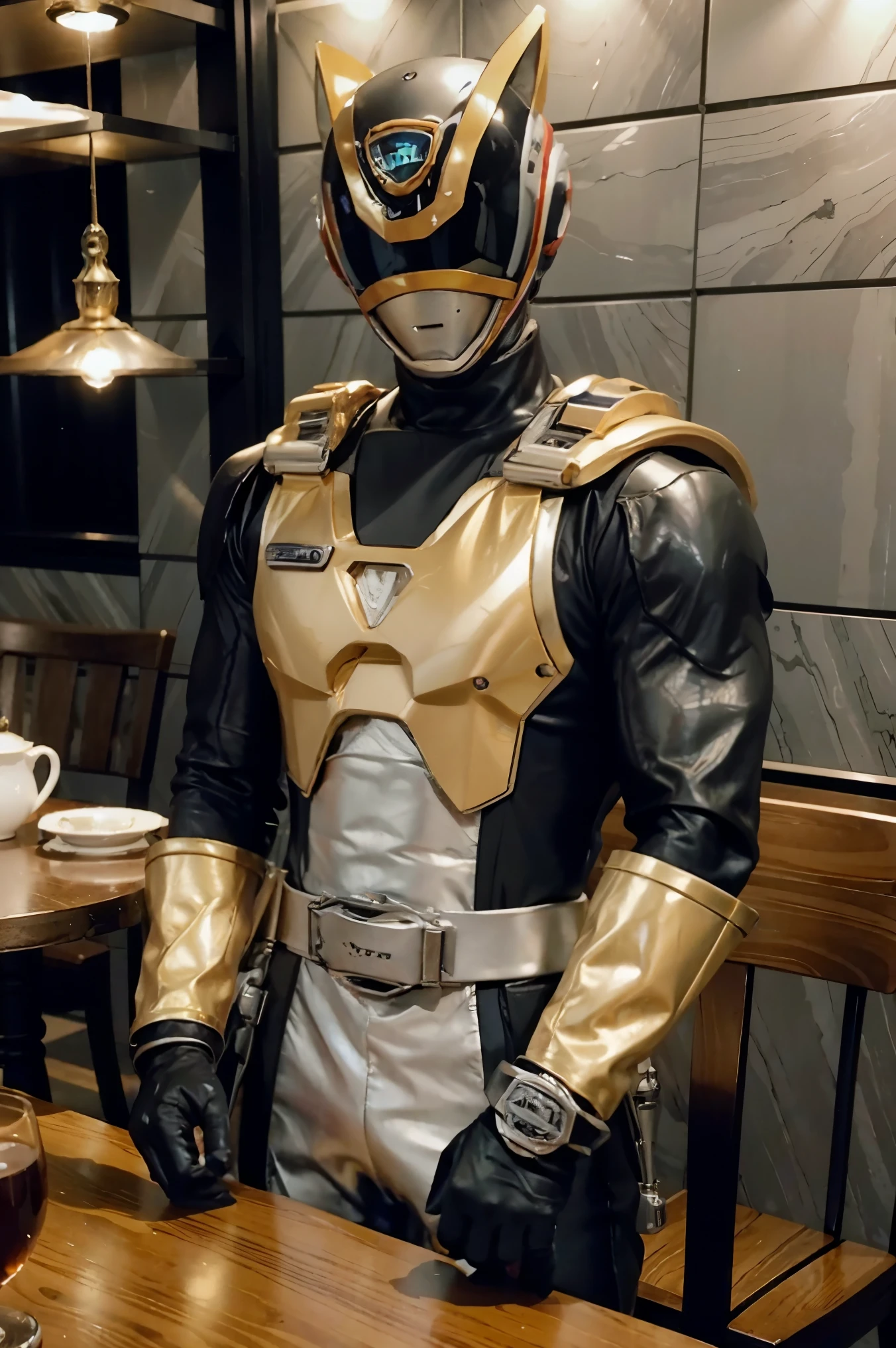 Fantasy background, cafe rpg style, empty chair, table, set of tea glass, (power rangers)), One guy、gold shadow gray costume, Solo, ((fit figure)), (Anatomically correct), Cowboy shot, masked face, guns, muscular build