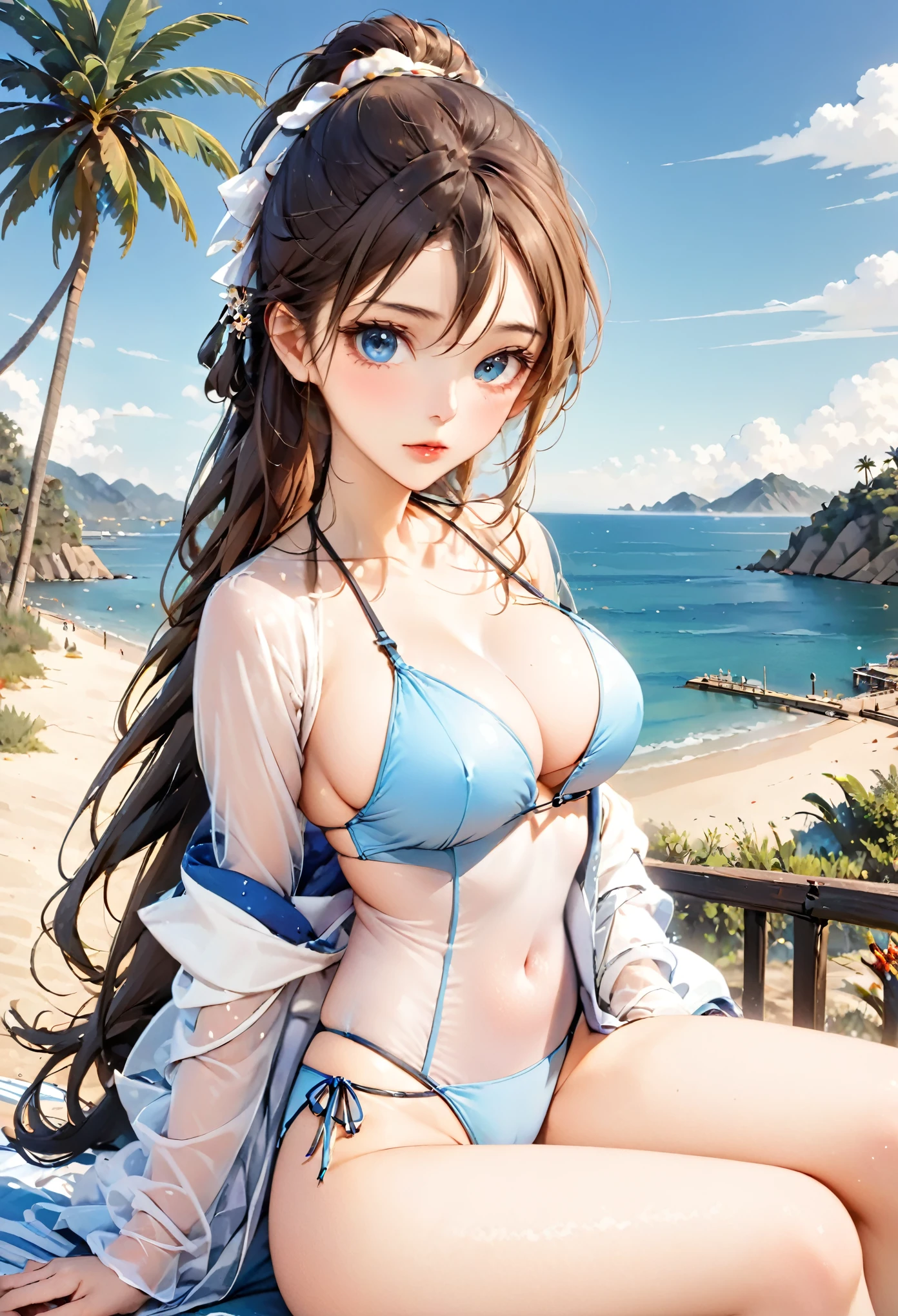 (This is a close-up shot of a young anime girl in a bikini on the beach:1.4),(solo:1.4),(1girl:1.4),(long brown hair:1.3),(blue eyes:1.2),(white bikini top:1.3),(white bikini bottom:1.2),(navel:1.1),(sitting on the beach:1.3),(palm trees in the background:1.2),(ocean in the background:1.2),(blue sky:1.1), (detailed face:1.3),(beautiful detailed eyes:1.3),(slightly parted lips:1.2),(shy embarrassed expression:1.3),(flushed cheeks:1.2),(slender body:1.2),(large breasts:1.3), (masterpiece:1.2),(best quality:1.3),(ultra high res:1.2),(photorealistic:1.1), lora:cuteGirlMix4_v10:0.5,lora:koreanDollLikeness_v15:0.3,