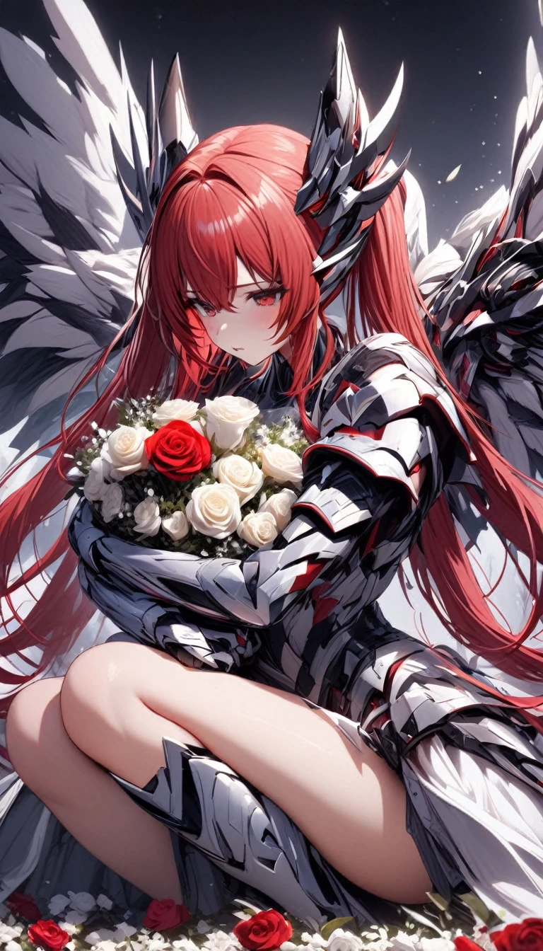 High quality, high definition, hig
h precision images,8k 1 Girl Robot Girl、red hair,Twin tails,Red eyes ,she wearing flashy robot armor.A flower garden filled with white roses,
(one red rose Hugging,)