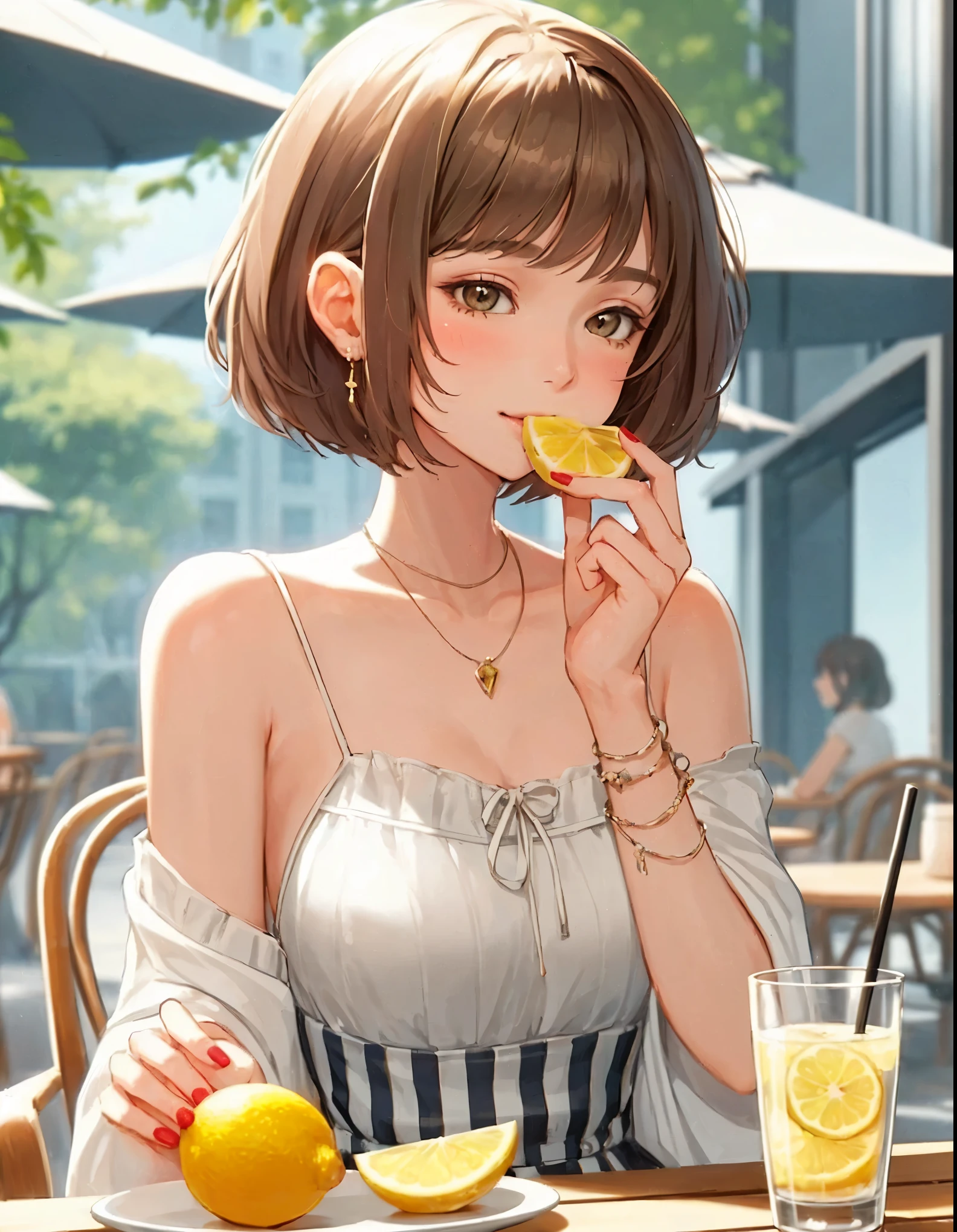 1lady solo, sitting at terrace seat, (holding lemon in one hand), (taking a bite), stylish outfit (refreshing attire), mature female, /(light brown short hair/) bangs, blush, light smile, (moist eyes), (masterpiece best quality:1.2) delicate illustration ultra-detailed, large breasts BREAK (fresh lemon:1.1), (half-cut lemon) BREAK (fashionable cafe terrace) outdoors, parasol, sunlight, noon, detailed background