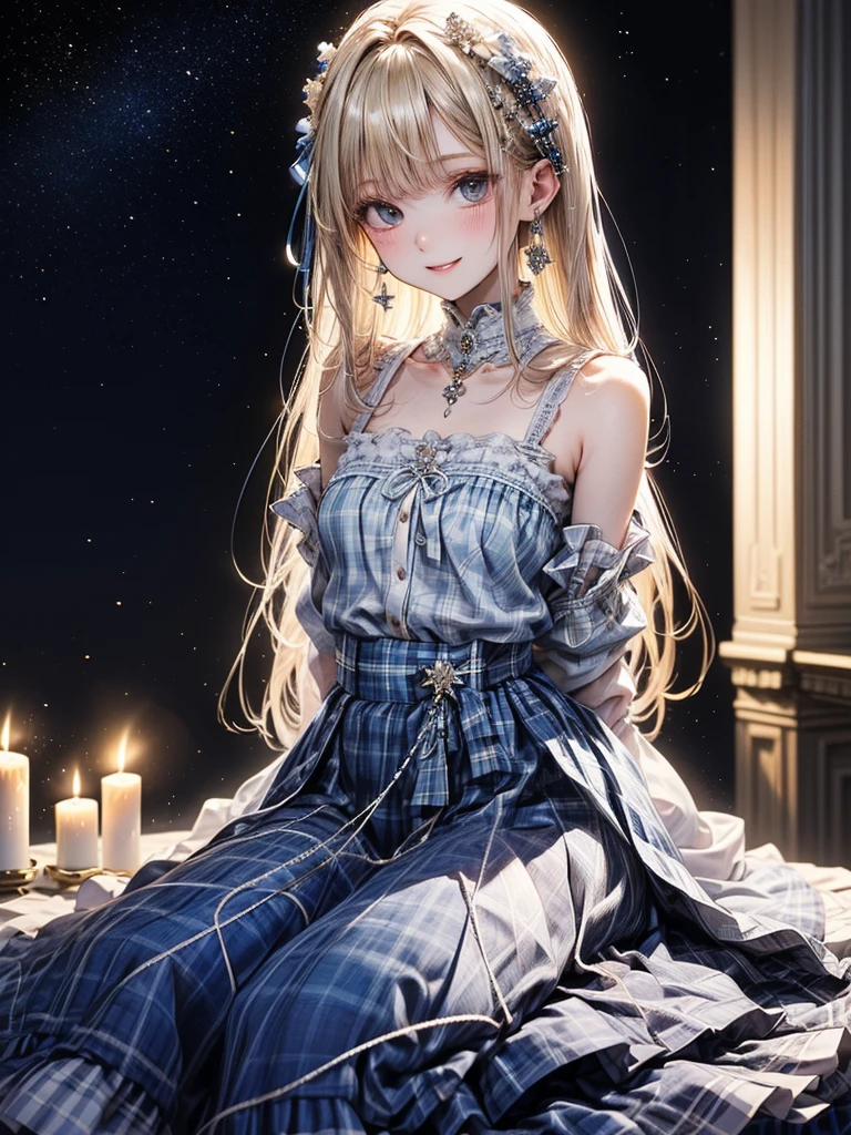 (​masterpiece),(top-quality:1.2),((perfect anatomy)),((arms behind back)),(1 girl),(flat chest),Highest quality,(royal blue colored white plaid long skirt:1.3),(thin white knit clothes),(side tailed blonde hair),beautiful smile,in night room,desperate visual impact,It's like embracing the sky,candle lighting,depth of written boundary