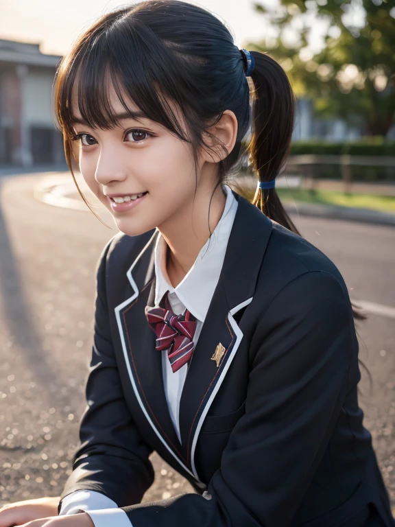 (highest quality,8K quality,masterpiece:1.3),(超A high resolution,Photorealistic:1.4,Raw photo),(Ultra-detailed,Caustics,Detailed Background),(Ultra-Realistic Capture,Beautiful and detailed skin,Perfect Anatomy),At sunset,Sunset sky,School building,Schoolyard,18-year-old,cute,double eyelid,black hair short twintails,School blazer uniform,profile,Laughter,Bust up shot,Natural soft light、Sitting on the ground、Detailed eye resolution、furrowed brow