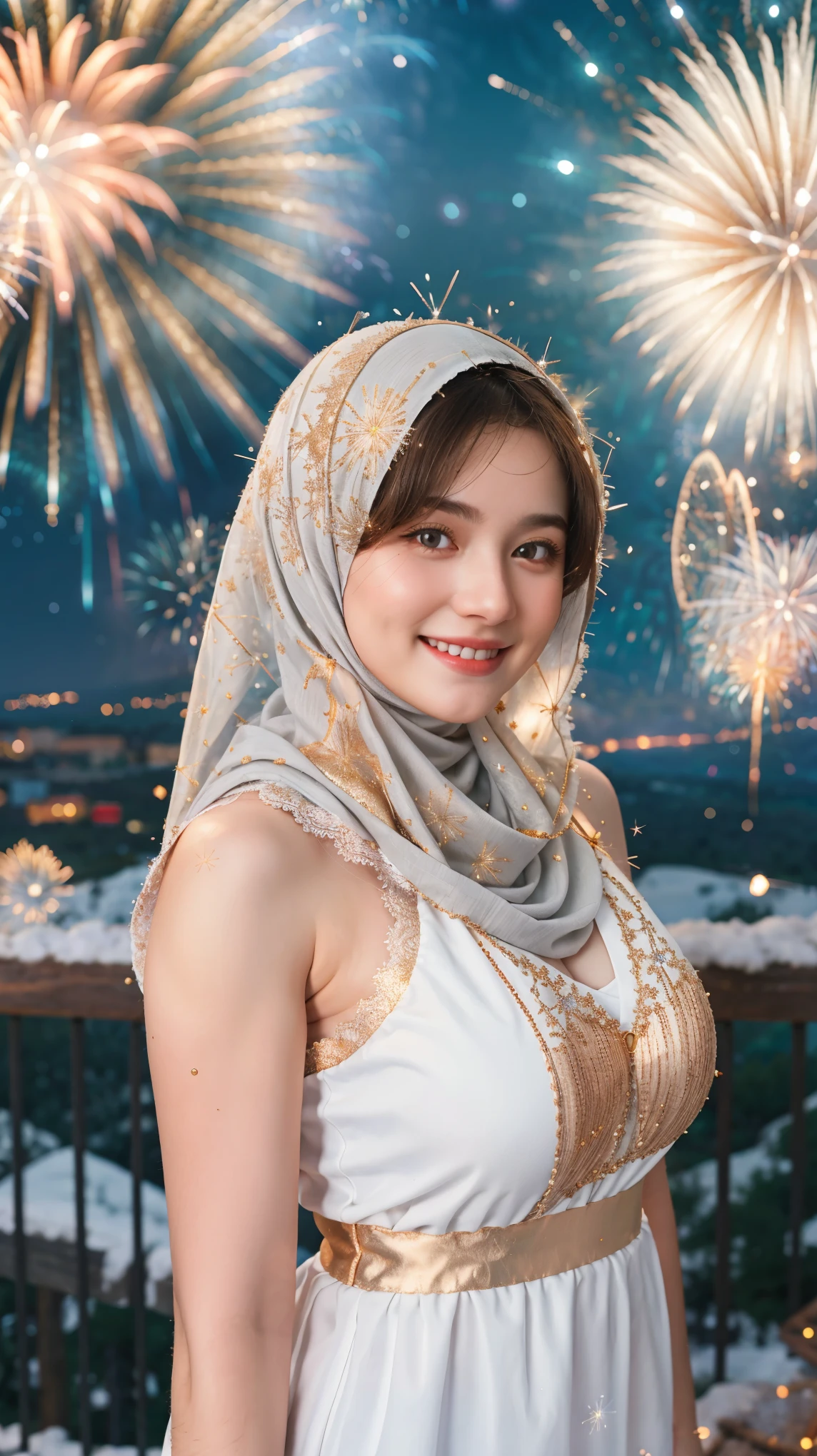 Adorable , Gorgeous , Beautiful , Russian Baby Face , Large Colossal Chest , 20 Years Old , White Skin , Sleeveless Hijab Lace Muslim Dress , Top of The Mountain Background , Wind , Laughing , Tighten Breast , ((Bokeh:1.3)) , Grey Eye , ((White-Gold Coloured)) , ((Firework:1.3)) , ((Night:1.3)) , Standing Pose , HDR , Ultra Detailed , Canon EF 24-70mm f/2.8L II USM