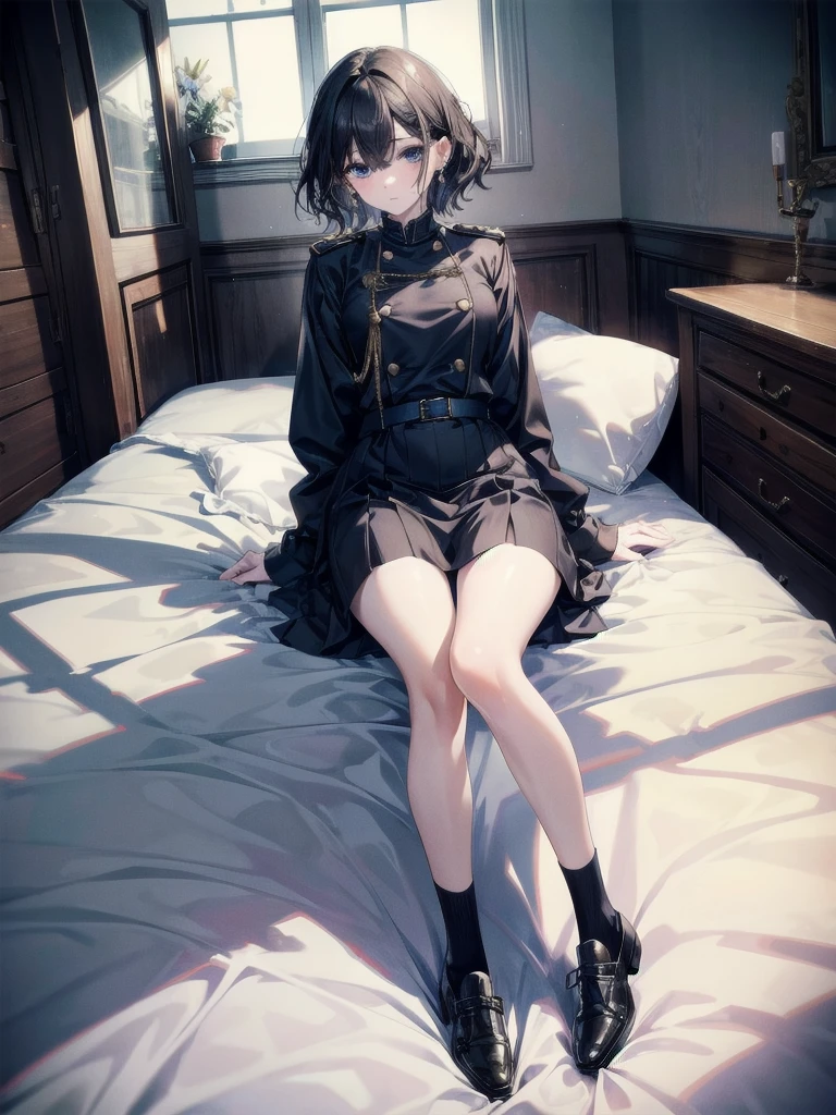 absurdres, RAW photo, extremely delicate and beautiful, masterpiece, Best Quality, ultra high resolution, 32k, hyperrealistic, ultra-detailed, perfect figure, detailed description, pale skin, 20 years old, detailed beautiful face and eyes, tearful mole, earring, short medium hair, wavy hair, full body, a in a navy blue uniform, long black socks, brown dress shoes,