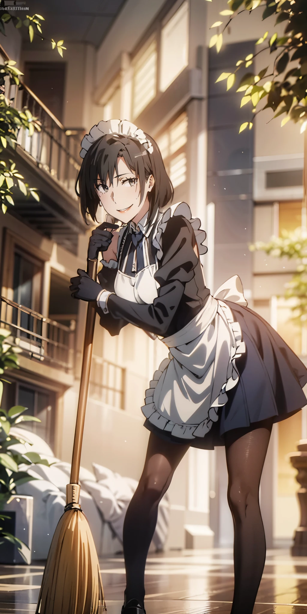 long hair, black hair, grey eyes, 1girl, pantyhose, maid, gloves, black_hair, maid_headdress, solo, apron, frills, elbow_gloves, dress, black_gloves, black_legwear, short_hair, broom, lips, breasts, standing, puffy_sleeves, blush, looking_at_viewer, leaning_forward, black_eyes, open_mouth, holding, smile,  earrings, black_dress, maid_apron, red_lips"glow effects, godrays, Hand drawn, render, 8k, octane render, cinema 4d, blender, dark, atmospheric 4k ultra detailed, cinematic, Sharp focus, big depth of field, Masterpiece, colors, 3d octane render, 4k, concept art, trending on artstation, hyperrealistic, Vivid colors, extremely detailed CG unity 8k wallpaper, trending on CGSociety, Intricate, High Detail, dramatic", anime coloring, anime screencap, sweating, steaming body, fog,  shaded face, yellow eyes, slit pupils, hollow eyes, smirk, upper teeth, sweating, steaming face, looking at viewer,