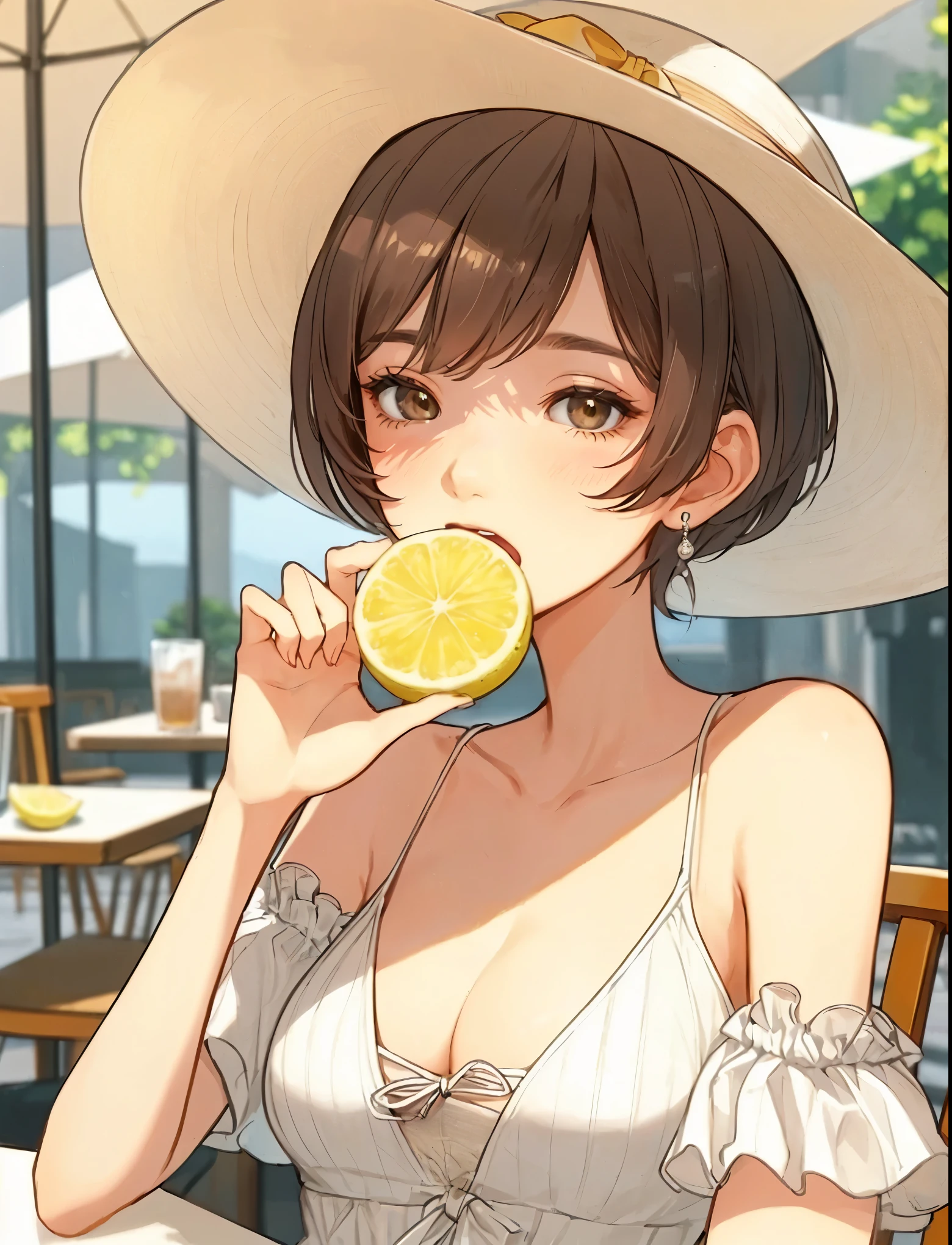1lady solo, sitting at terrace seat, (holding lemon in one hand), (taking a bite), stylish outfit (refreshing attire), mature female, /(brown short hair/) bangs, hat, blush, (light smile:0.6), (moist eyes), (open mouth), (masterpiece best quality:1.2) delicate illustration ultra-detailed, large breasts BREAK (fresh lemon:1.1), (half-cut lemon) BREAK (fashionable cafe terrace) outdoors, parasol, sunlight, noon, detailed background