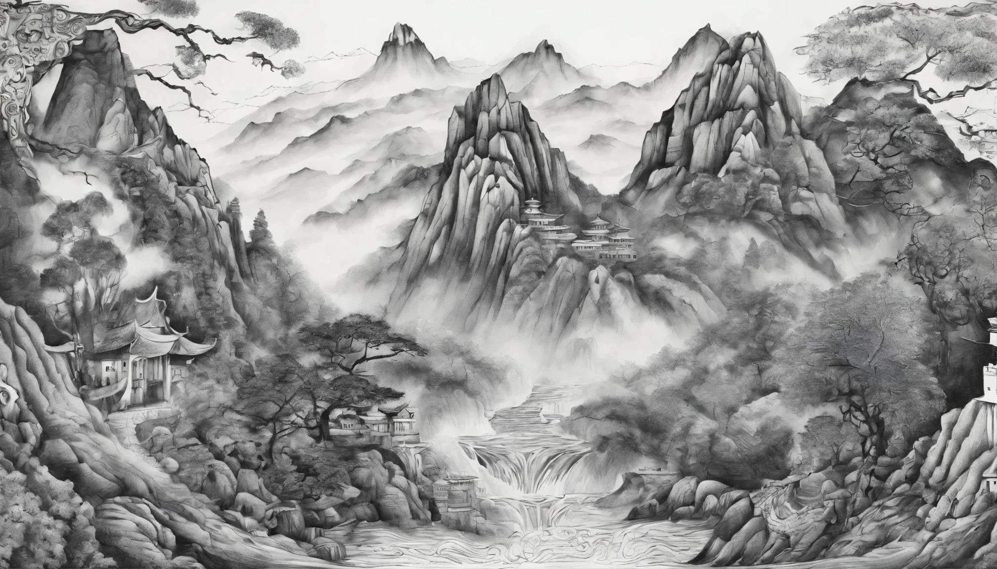 Traditional Chinese colored ink painting，Dancyan， Vision，High mountains in the distance，Waterfalls fall from the sky，The trees below the mountain are luxuriant