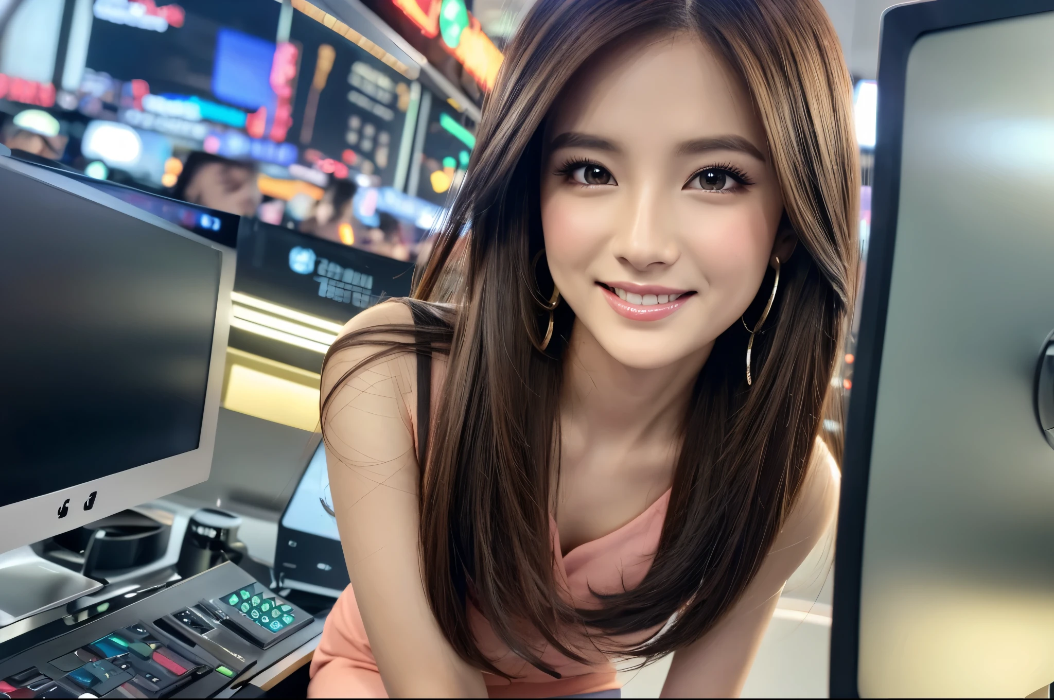 one person、female newscaster、young、beautiful、Female announcer、Shaped face contour、Long Hair、Brown Hair、Fine iris、Elegant、Sexy face、Glowing Skin、Juicy lips、An open, seductive smile、Thick eyelasheodel Body Type、Earrings、blush、suit、Tight mini skirt、Perfect lighting、Perfect Shadow、Perfect Anatomy(((masterpiece))), ((highest quality)), ((Super detailed)), (CG illustration), (Very wicked and beautiful)), (Cute Desktop Face)