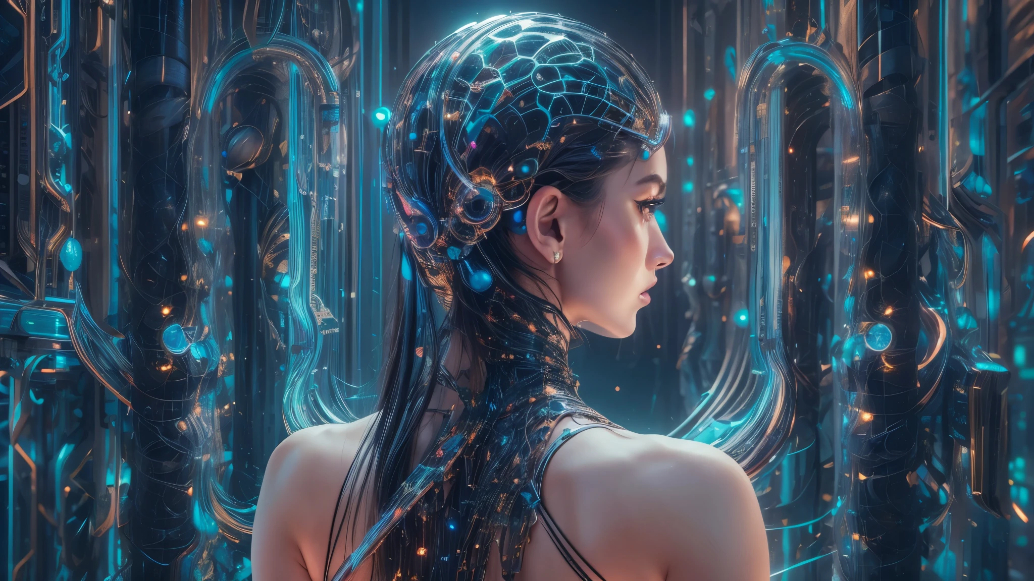 A beautiful futuristic cybernetic girl with hair with strands of neural networks, Futurism, UHD, super detail, best quality, 8k  