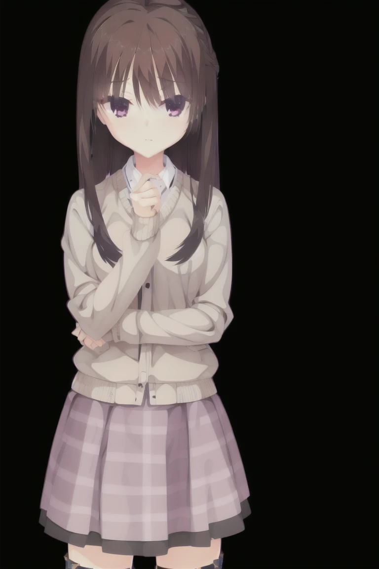 1girl,solo,dark_blown_hair,bob_hair,gray_sweater,baggy_sweater,skirt,plaid,brown_plaid_skirt,brown_plaid_skirt,long_pencil_skirt,stocking,black_stocking,expensive_solve, clear_image, expensive_Contrast, 8k, Sparkling, beautiful_detailed_face_and_eye, (Dark Brown Hair:1.25), 白 eye,
