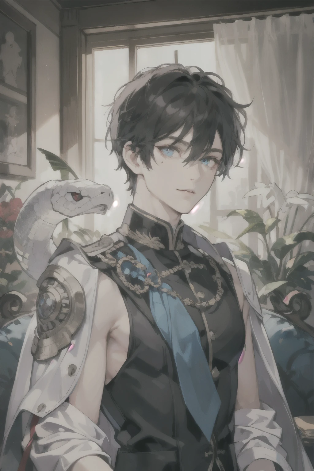 masterpiece, best quality, ultra detailed, (solo man), (male focus), ((Oblong face)), ((Square jawline)), black hair, ((hairs between eyes)), ((shoulder length)), ((narrow blue eye)), fair skin, skinny body, beauty mark, {uniform, outfit, clothes}, Devil costume, (Giving an insincere smile:0.7), (entangled a big albino snake), in living room, (completely nude:0.5)