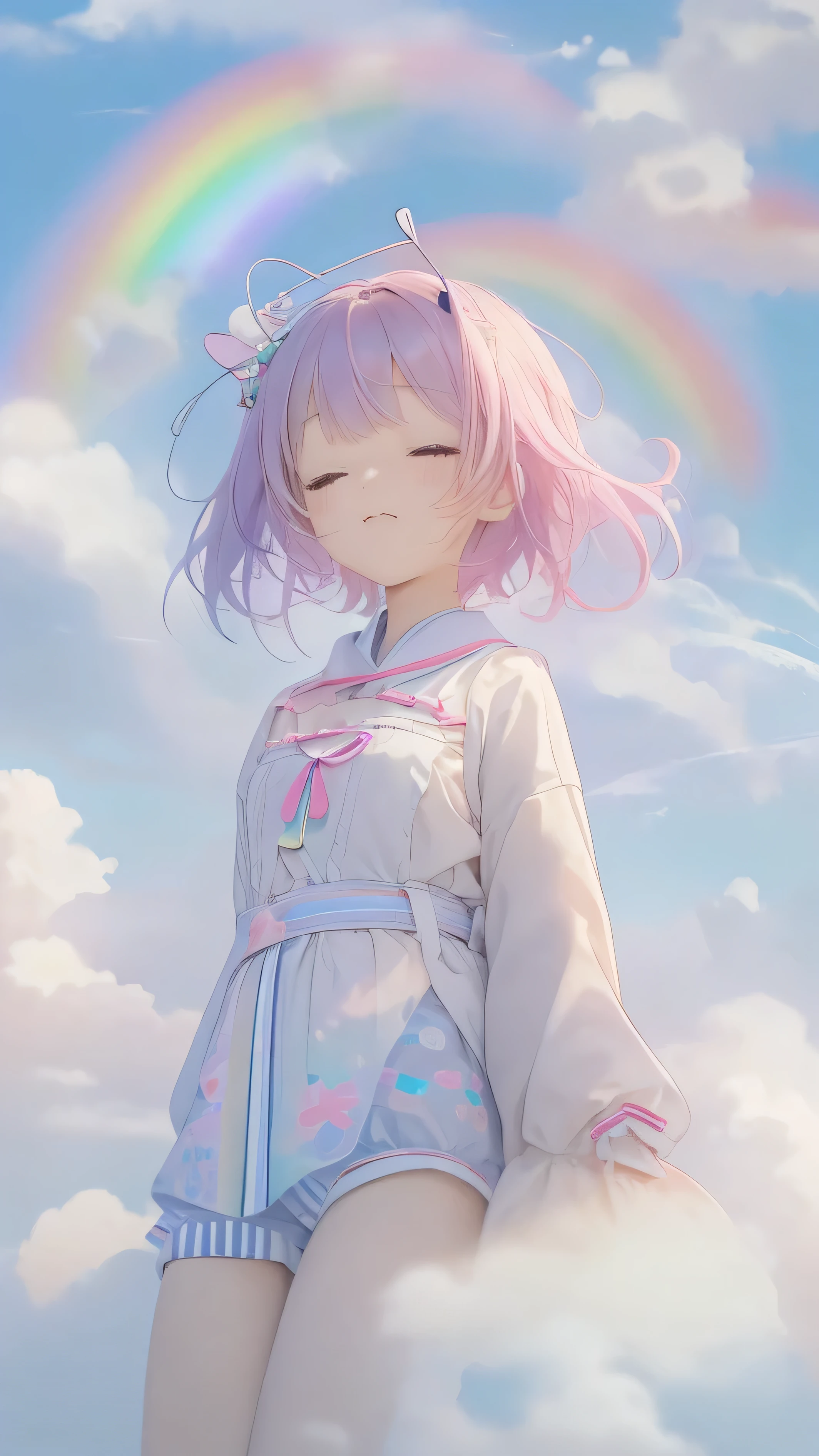 (((Floating in the sky:1.2、One Girl、Standing on the Clouds)))、Pastel clouds、Perfect Anatomy、Small face、Small Nose、Fuller lips、Twin tails、rainbow colored hair、Dirty clothes、Disheveled clothing、It impossible、fly in the sky、(((The background is pastel clouds:1.5、rainbow、Blurred Background)))、highest quality、High resolution、High resolution、Cinema Lighting、Professional Photographer