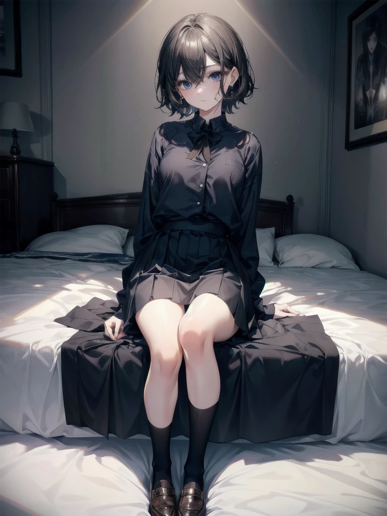 absurdres, RAW photo, extremely delicate and beautiful, masterpiece, Best Quality, ultra high resolution, 32k, hyperrealistic, ultra-detailed, perfect figure, detailed description, pale skin, 20 years old, detailed beautiful face and eyes, tearful mole, earring, short medium hair, wavy hair, full body, navy blue school_uniform, long black socks, brown dress shoes, 