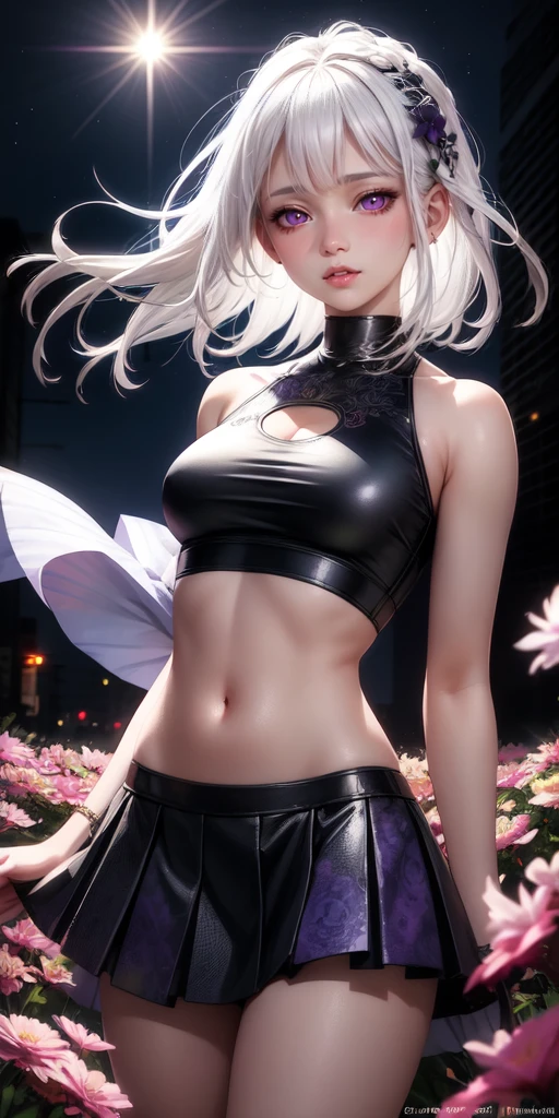 realistic, 1girl, white hair, purple eyes, glowing eyes, crop top, skirt, parted lips, blush, night, flowers, sun, sunlight,